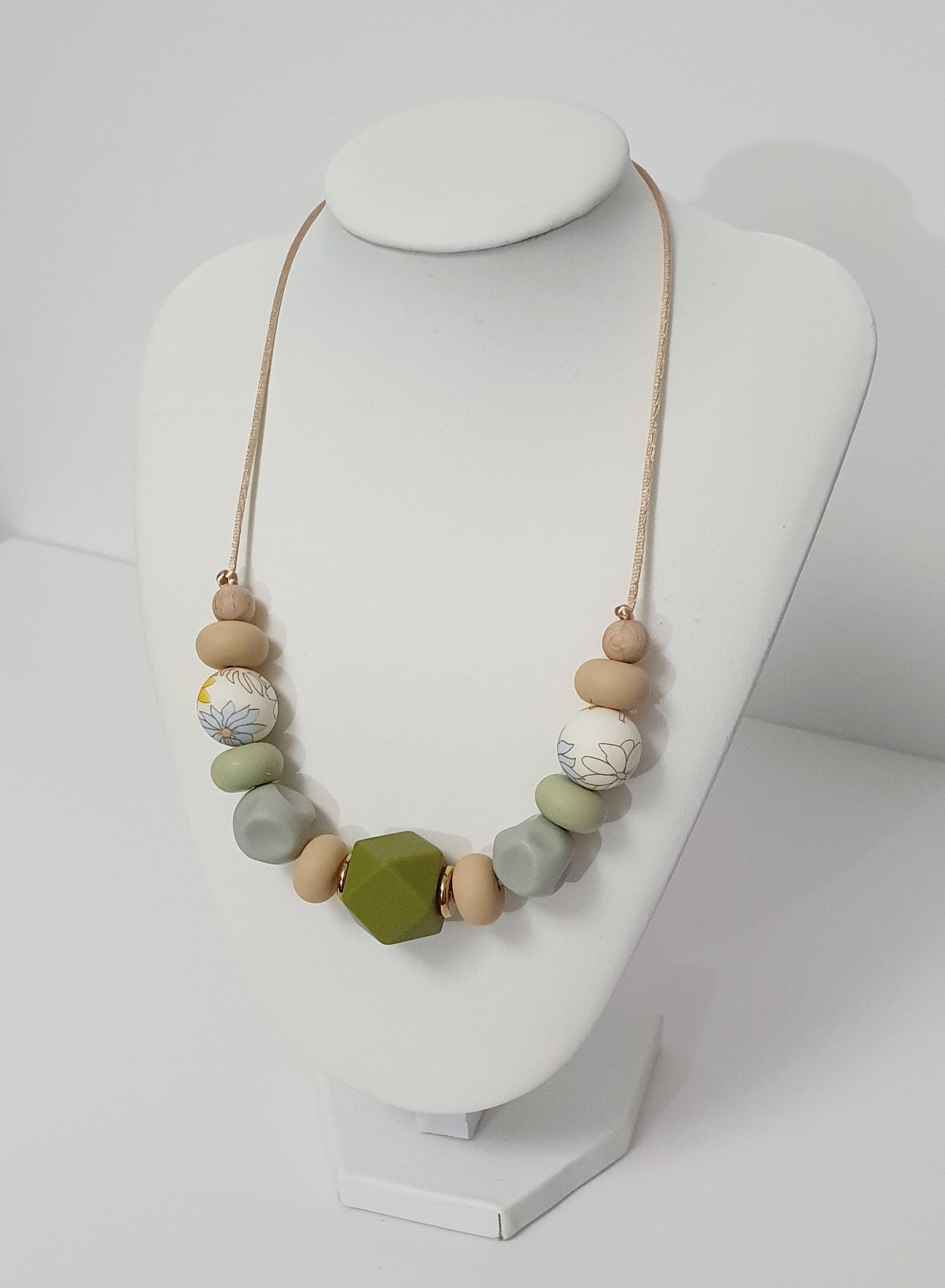 Breastfeeding Necklace, Nursing Fidget Sensory  Chunky Necklace, Gift, Steel Silicone, Spring Pastel Shades, Green Olive Beige, Floral Bead - image 4