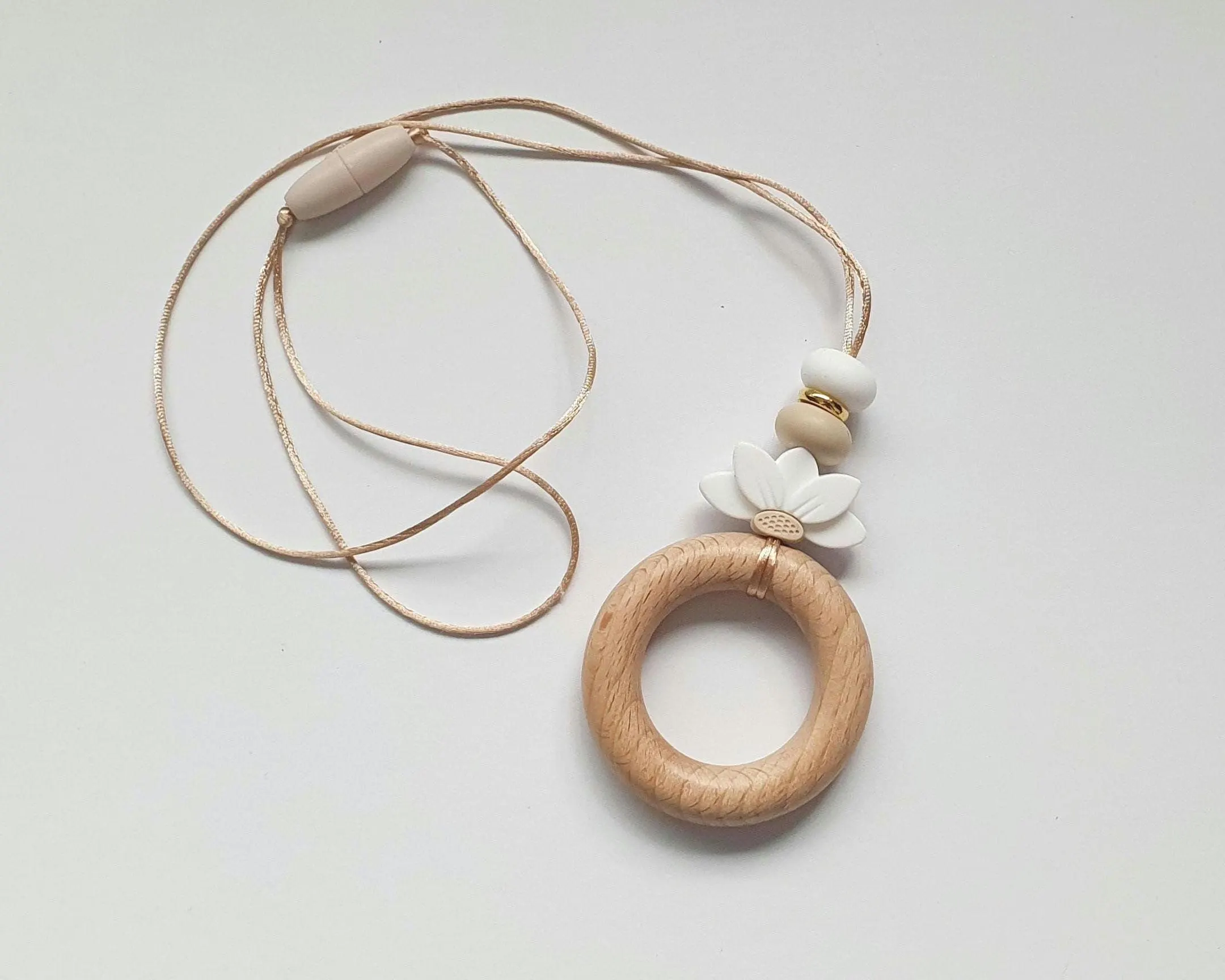Breastfeeding Necklace, Nursing Fidget Sensory Play, Gift, Large Lotus Flower Beechwood Donut, Beige White Neutral tones