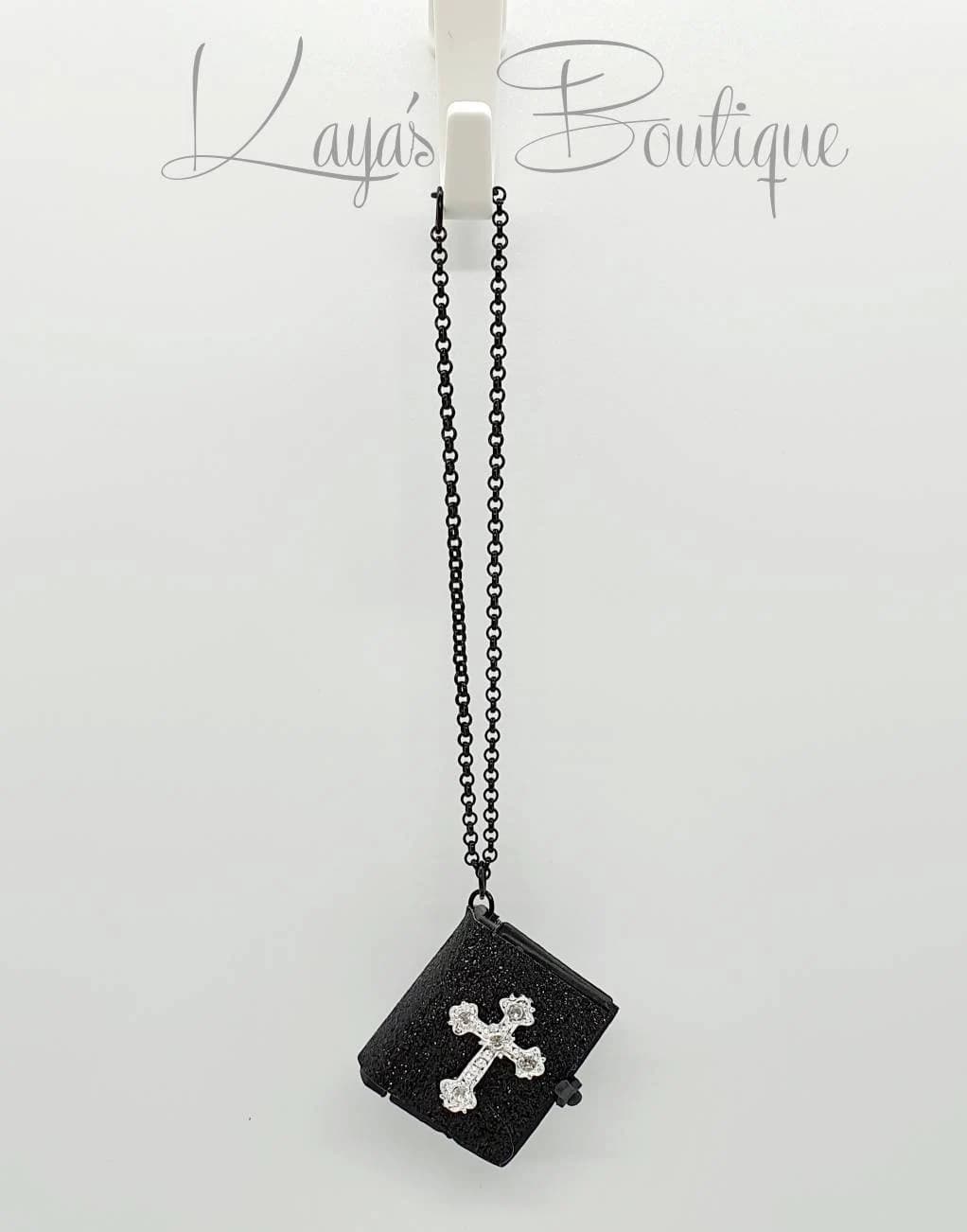 Rhinestone Cross Mini Bible Car Charm: Black Glitter Rearview Mirror Hanger - image 3