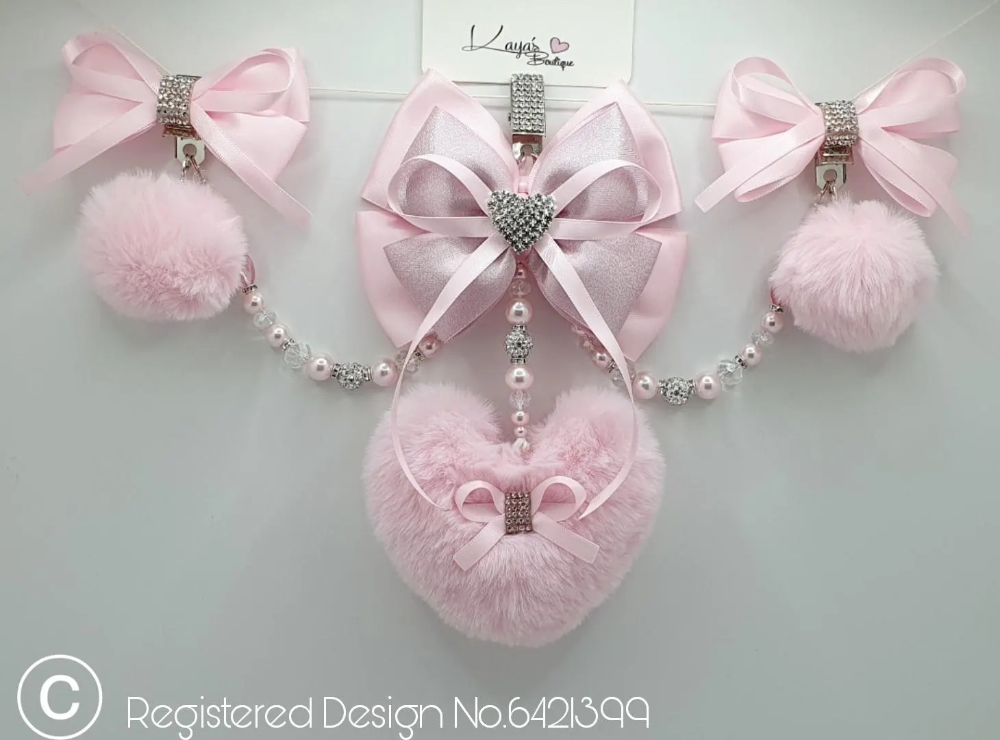 Pink Pram Charm: Crystal Pearl, Faux Fur Pom Pom, Diamante Heart XL Triple Clip