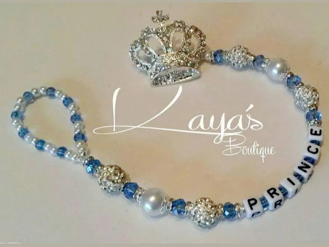 Personalized Diamante Crown Dummy Chain  Clip: Baby Blue REBORN/KEEPSAKE