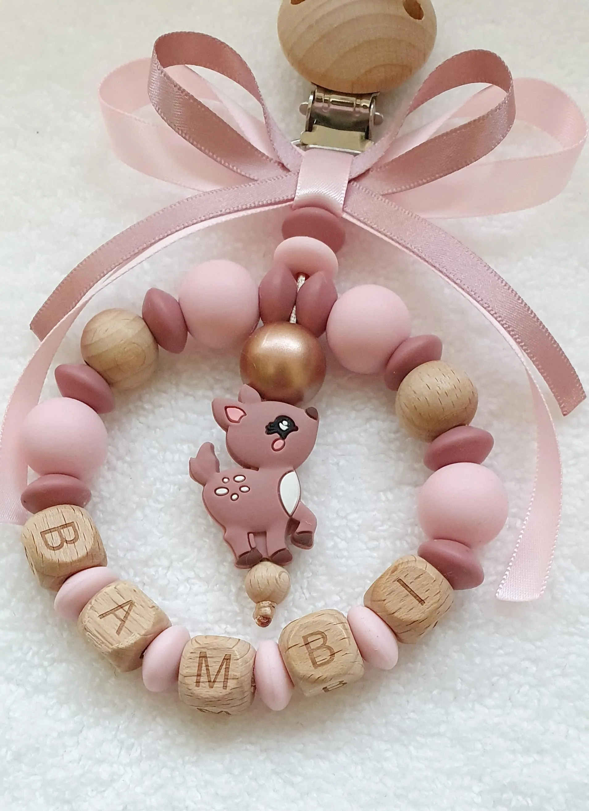 Personalised Pram Charm Wood & Silicone Baby Pink Deer - image 3