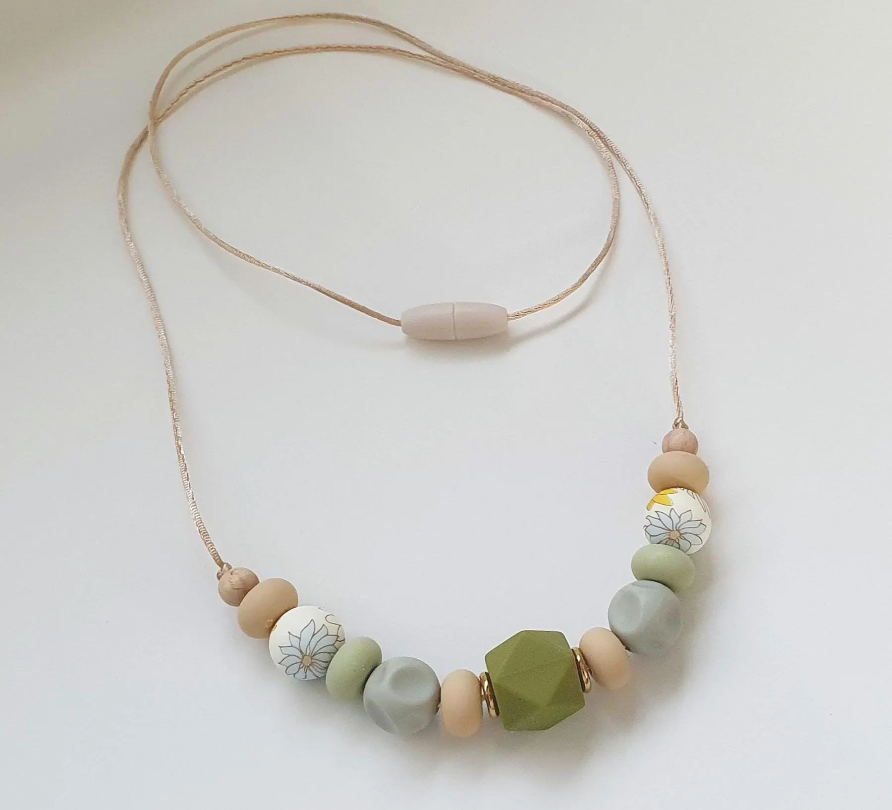 Breastfeeding Necklace, Nursing Fidget Sensory  Chunky Necklace, Gift, Steel Silicone, Spring Pastel Shades, Green Olive Beige, Floral Bead - image 5