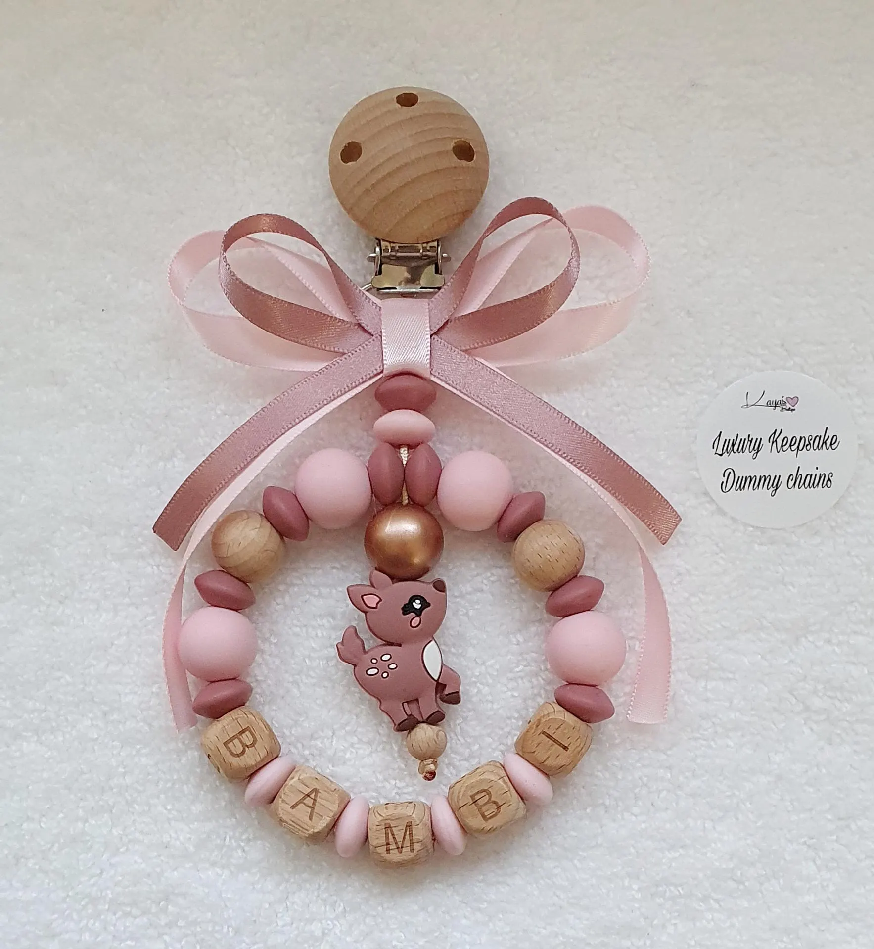 Personalised Pram Charm Wood & Silicone Baby Pink Deer