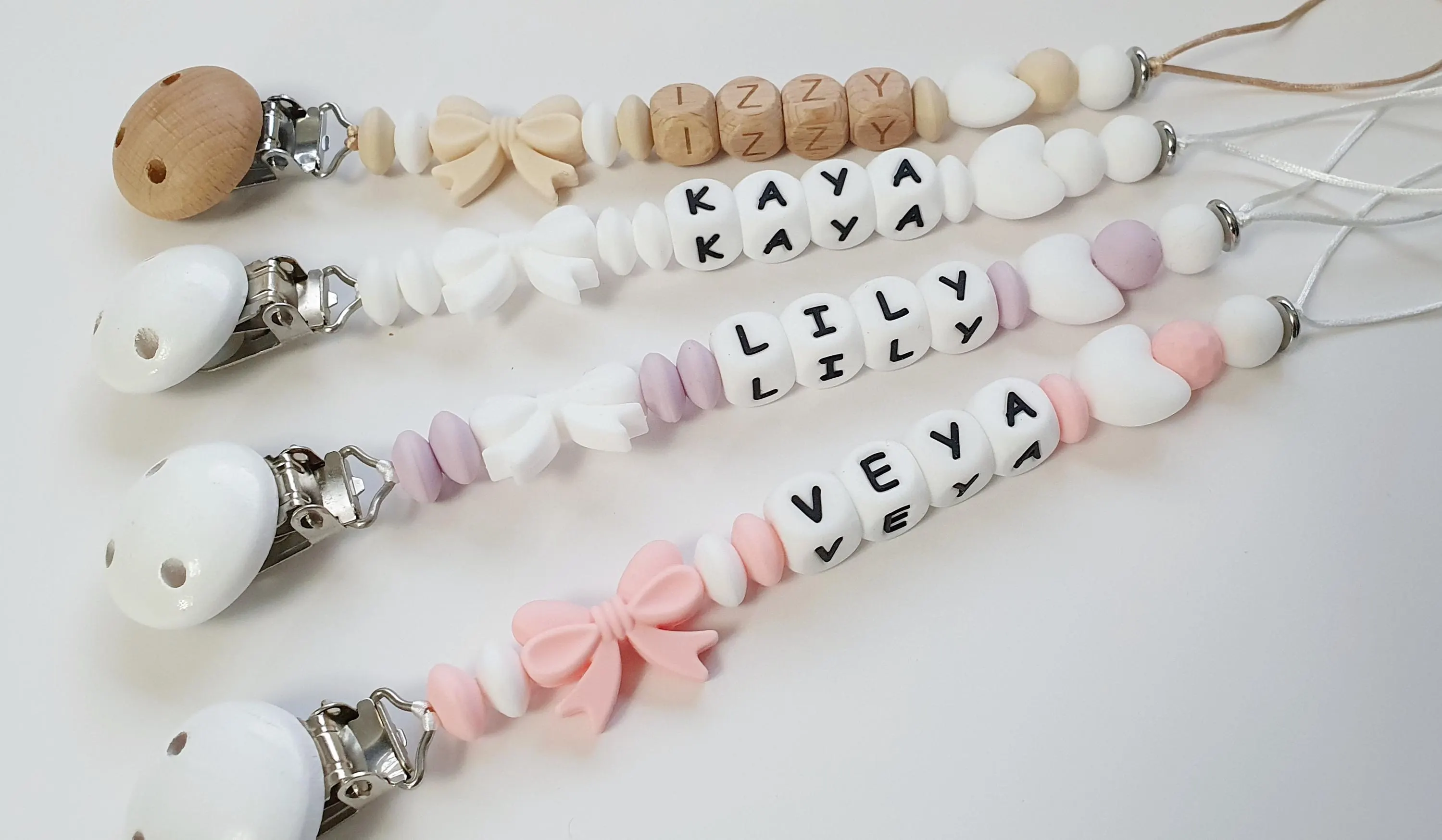 Reborn Silicone Dummy Clip Personalised Gift Bow & Heart Pink Beige White Lilac Keepsake