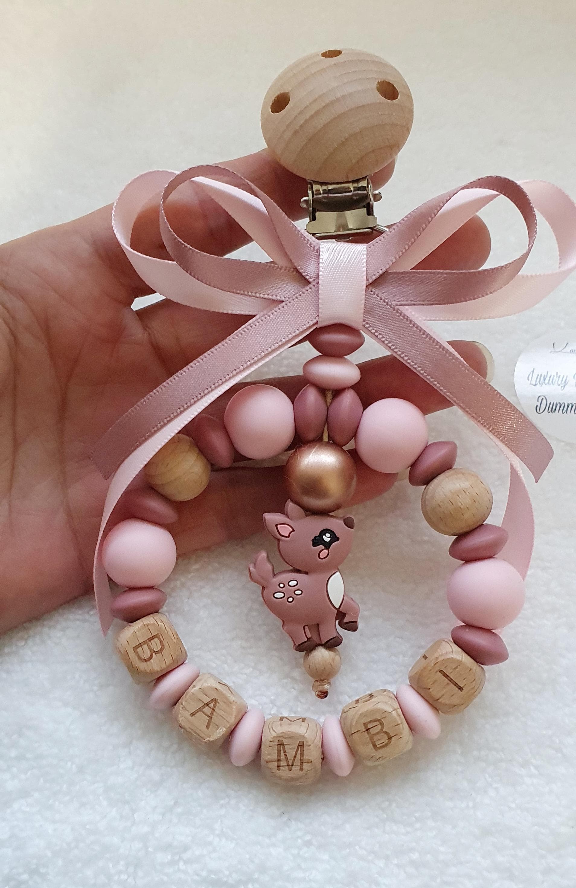 Personalised Pram Charm Wood & Silicone Baby Pink Deer - image 4
