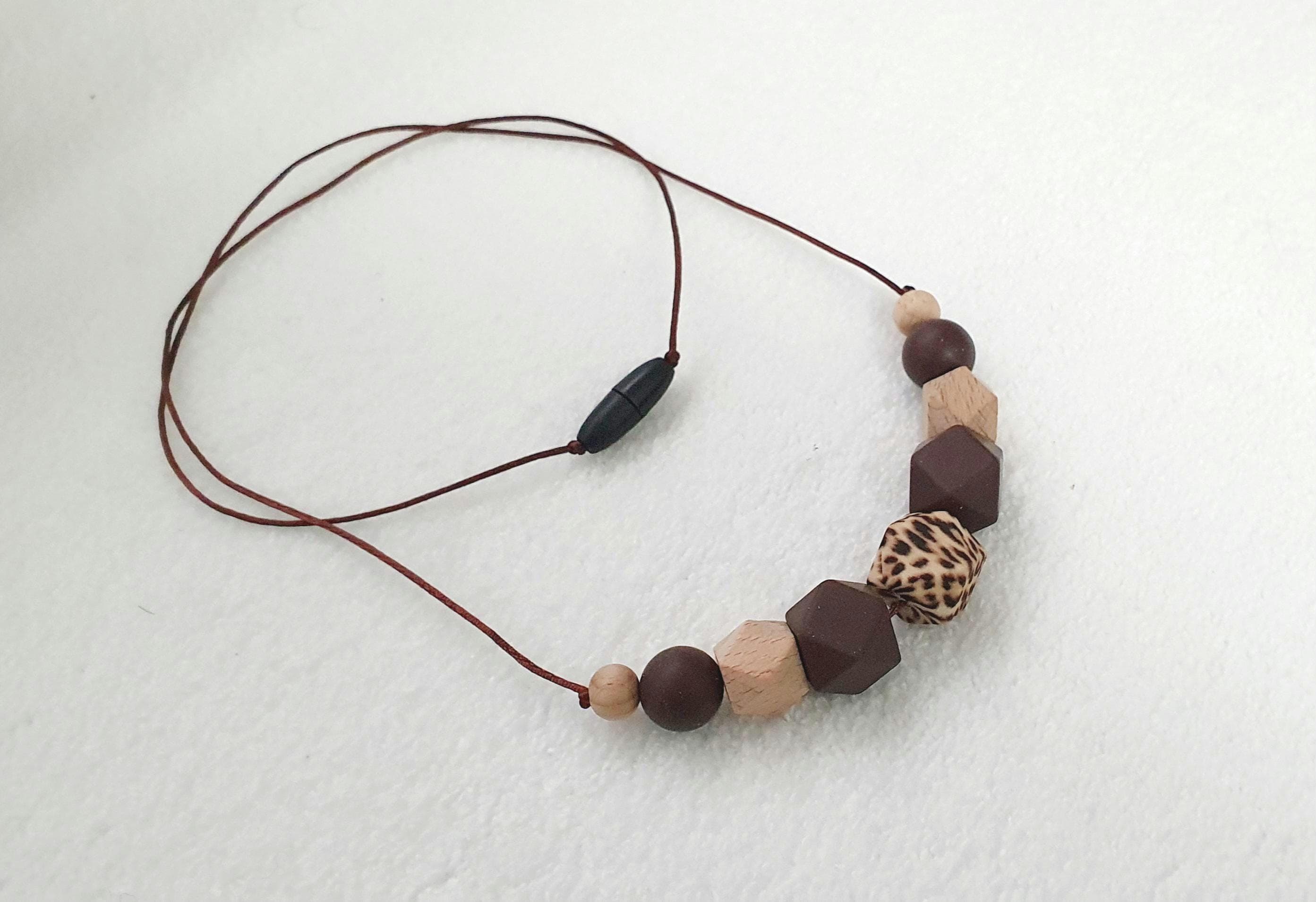 Breastfeeding Necklace, Nursing Fidget Sensory  Chunky Necklace, Gift, Wood Silicone, Brown Beige Leopard Animal Print