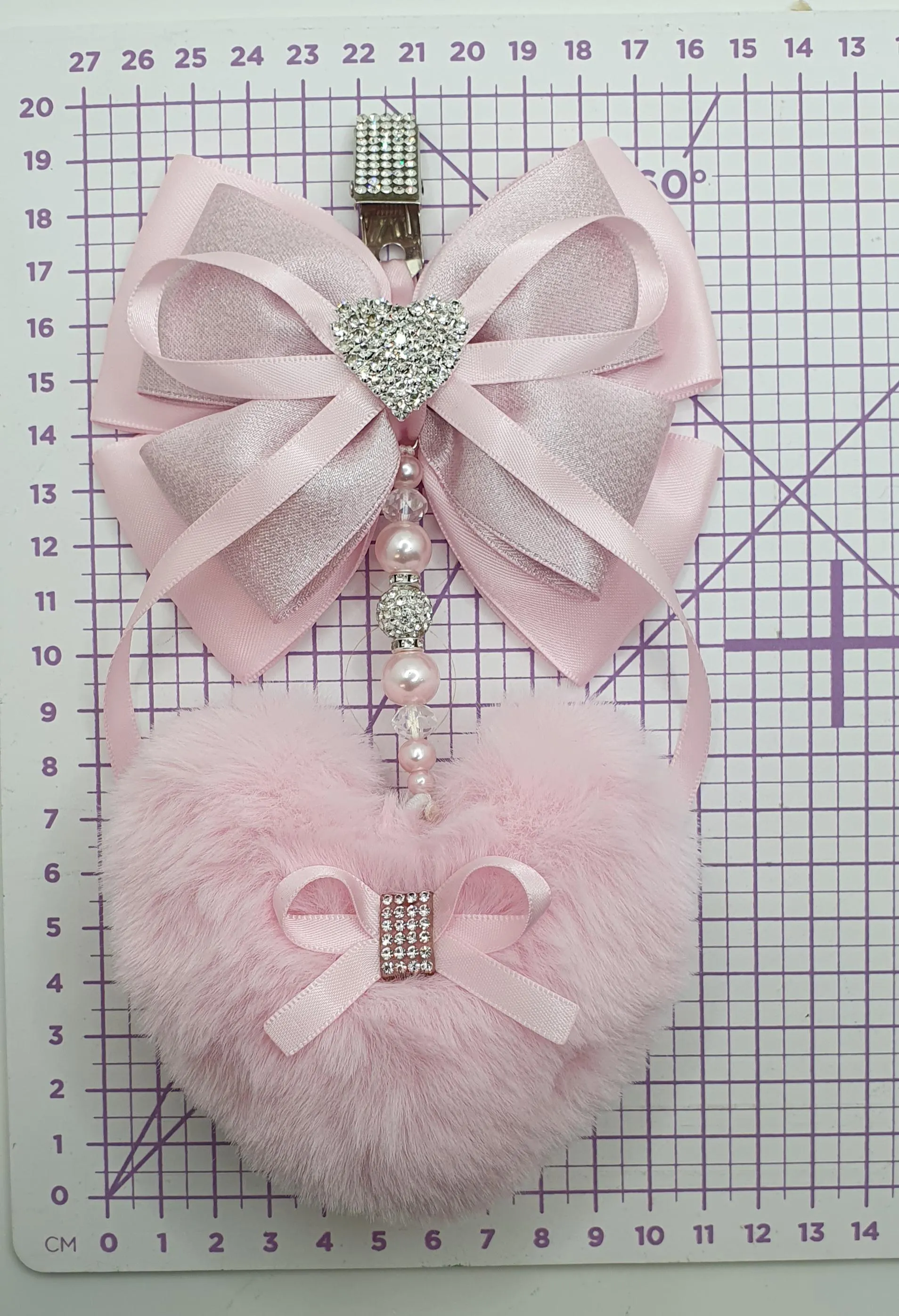 Pink Pram Charm: Crystal Pearl, Faux Fur Pom Pom, Diamante Heart XL Triple Clip - image 5