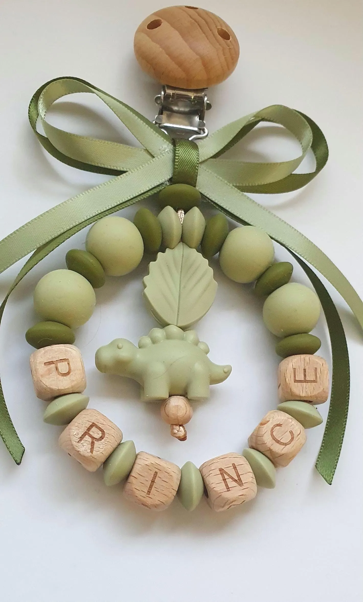 Silicone & Wood Teardrop Pram Charm, Personalised Name, Olive Army Sage Green, Prince, Dinosaur Charm, Satin Bow - image 4