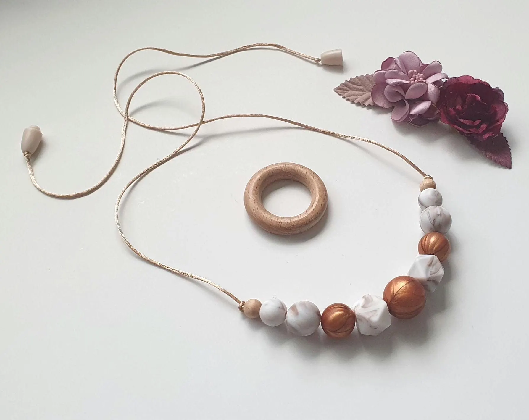 Breastfeeding Necklace, Nursing Fidget Sensory  Chunky Necklace, Gift, Wood Ring Silicone, Autumn Shades, Metallic Bronze, brown marble, - image 3