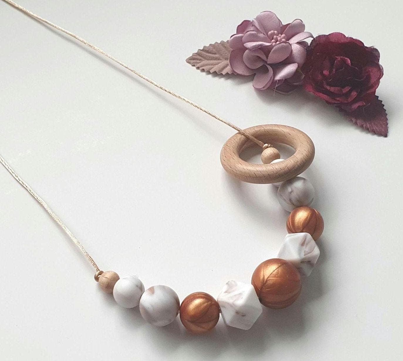 Breastfeeding Necklace, Nursing Fidget Sensory  Chunky Necklace, Gift, Wood Ring Silicone, Autumn Shades, Metallic Bronze, brown marble,