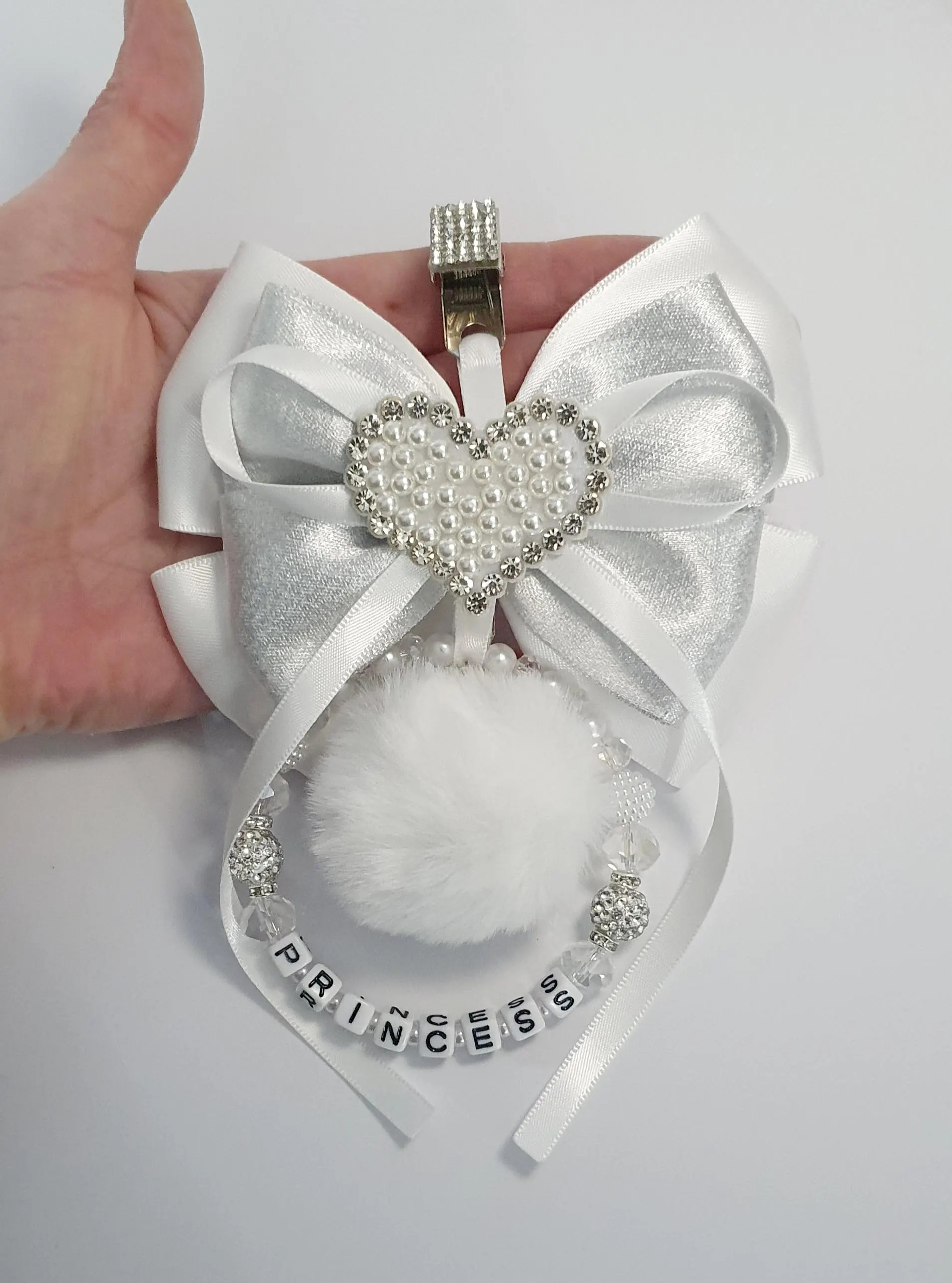 Diamanté & Pearl Heart Big Bow Romany Hanging Pram/Bag Charm New Baby White Silver Girls Pom Pom Faux Fur Ball Circle Personalised - image 2
