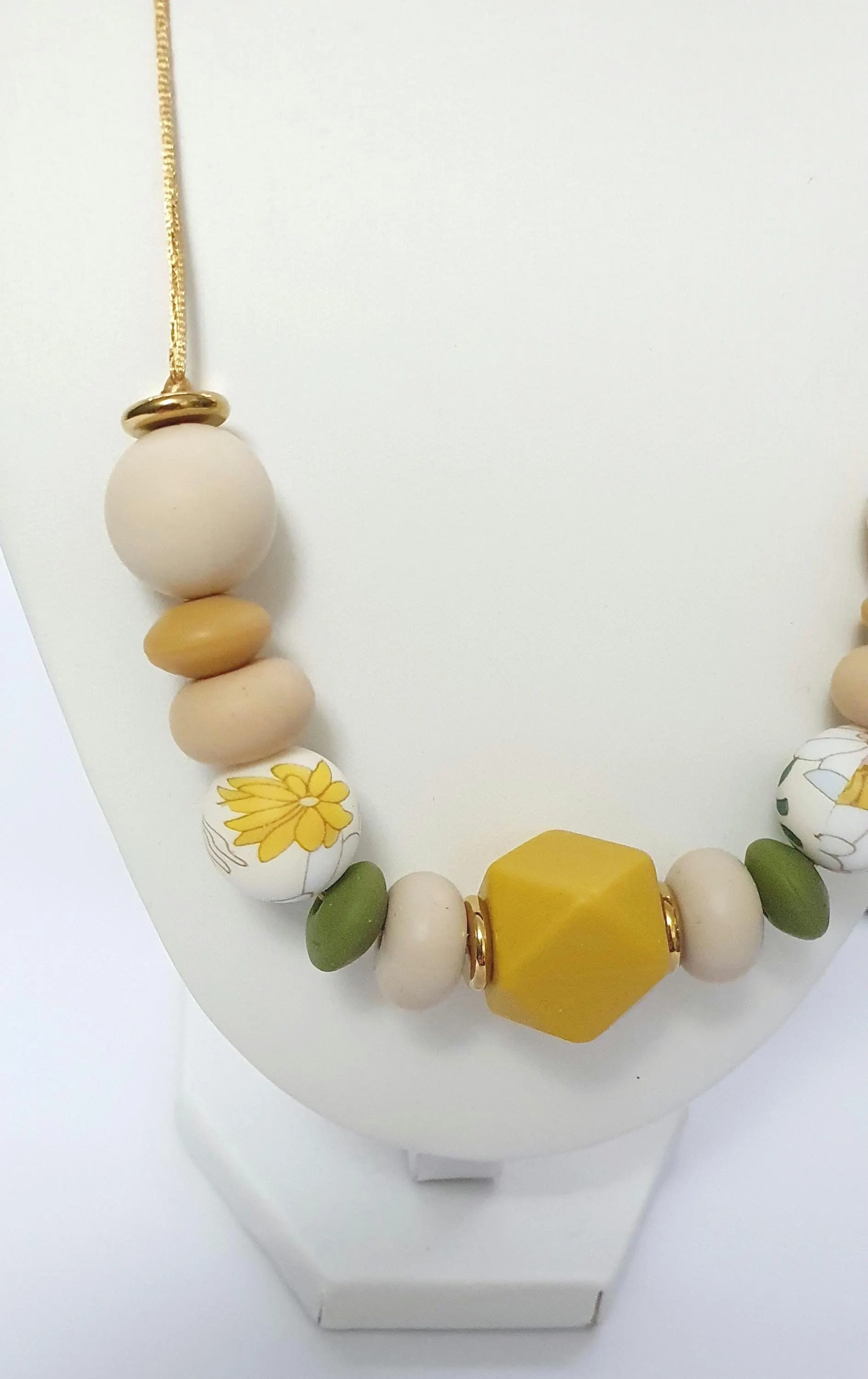 Breastfeeding Necklace, Nursing Fidget Sensory  Chunky Necklace, Gift, Steel Silicone, Autumn Shades, Army Green Mustard Beige, Floral Bead - image 4