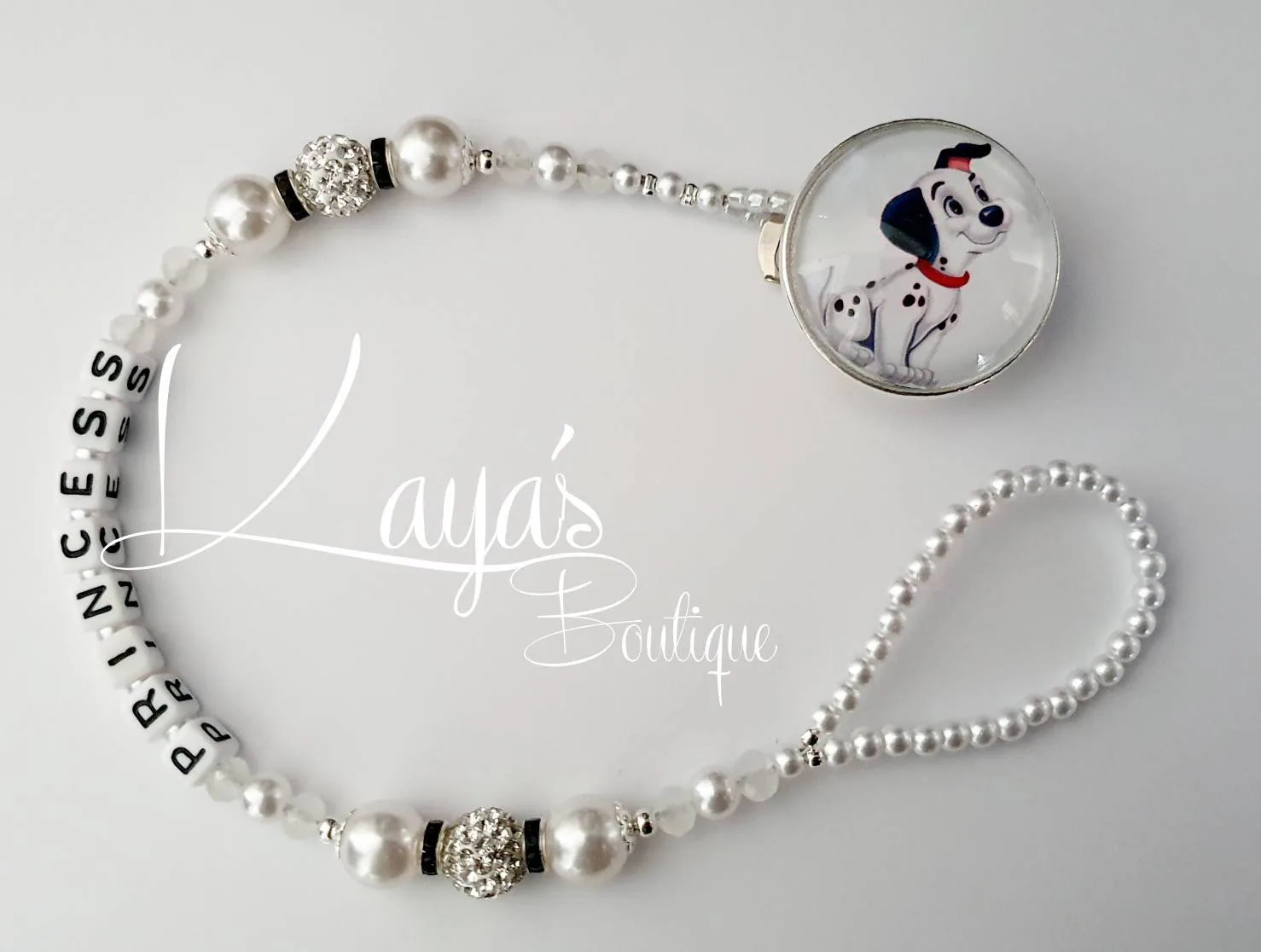 Bling *Dalmation*- Shamballa Crystal Romany Keepsake Dummy/Pacifier Clip Personalised Gift White Black Reborn