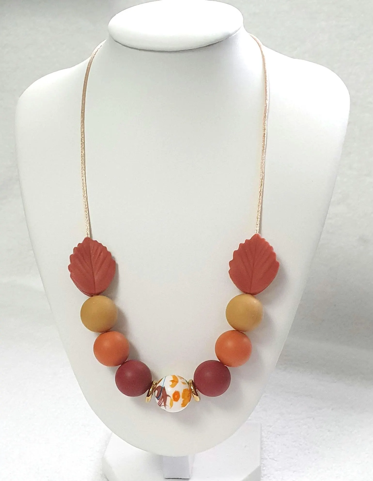 Breastfeeding Necklace, Nursing Fidget Sensory Play, Gift, Autumn Brown Orange Tones, leaf print - image 3