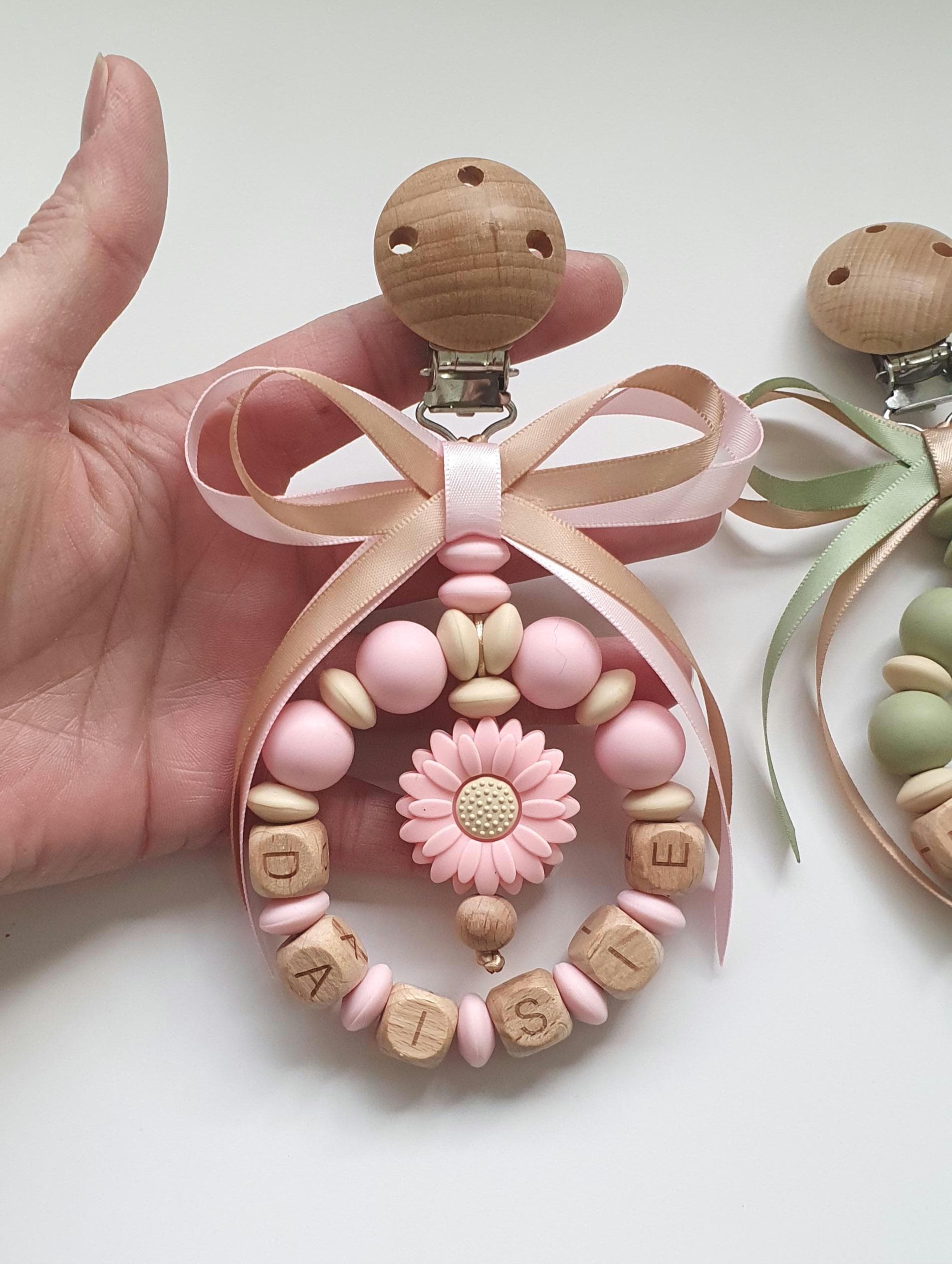 Silicone & Wood Teardrop Pram Charm, Personalised Name, Olive Army Sage Green, Baby Pink, Daisy Flower, Satin Bow - image 3