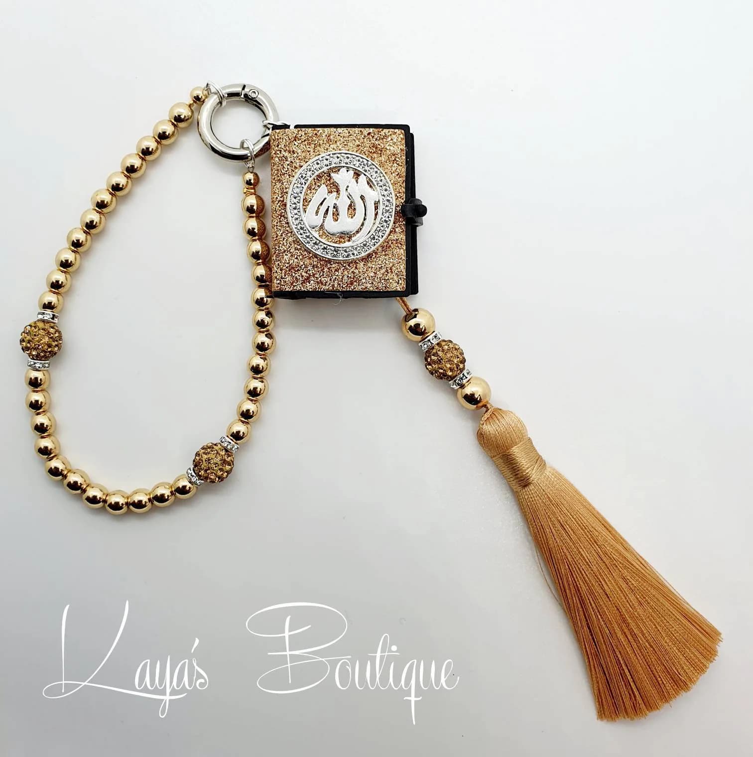 Islamic Car Charm: Gold Tasbeeh, Glitter Quran, Allah Pendant