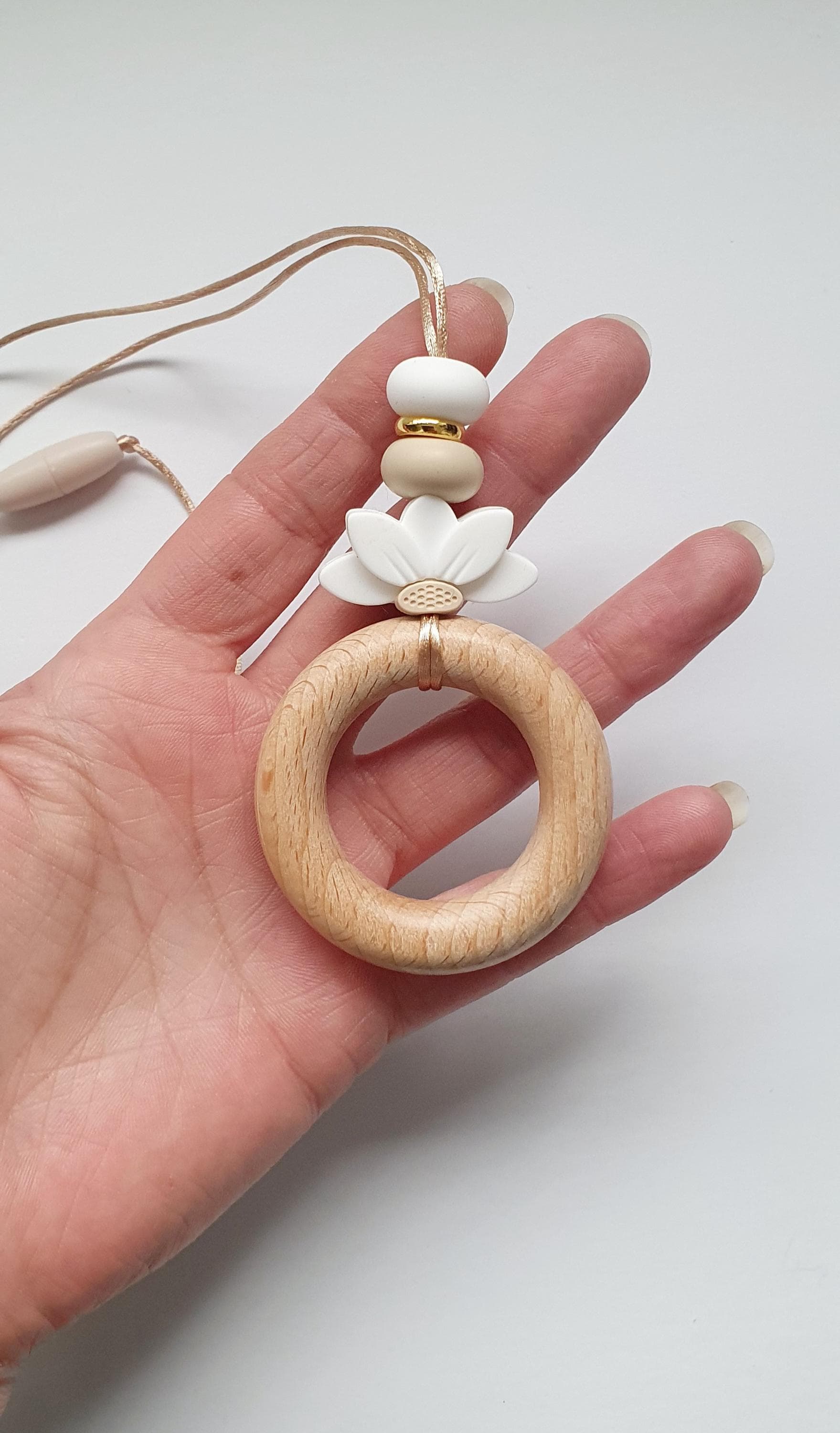 Breastfeeding Necklace, Nursing Fidget Sensory Play, Gift, Large Lotus Flower Beechwood Donut, Beige White Neutral tones - image 3