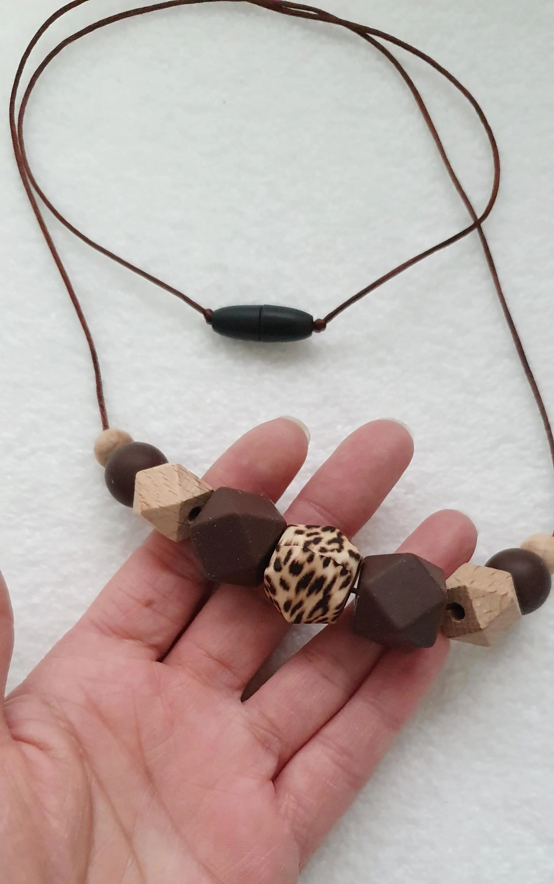 Breastfeeding Necklace, Nursing Fidget Sensory Chunky Necklace, Gift, Wood Silicone, Brown Beige Leopard Animal Print - image 4