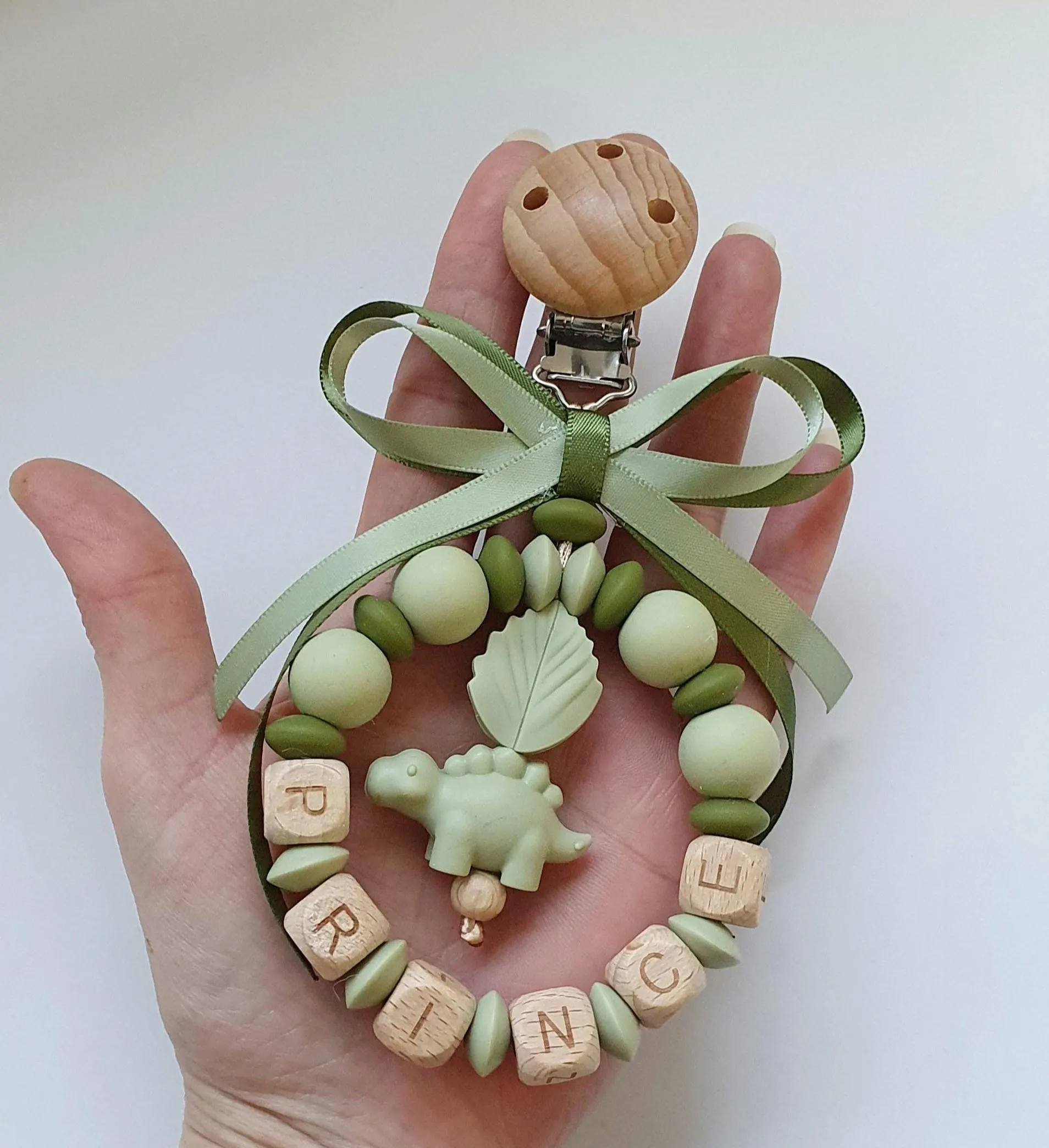 Silicone & Wood Teardrop Pram Charm, Personalised Name, Olive Army Sage Green, Prince, Dinosaur Charm, Satin Bow - image 5
