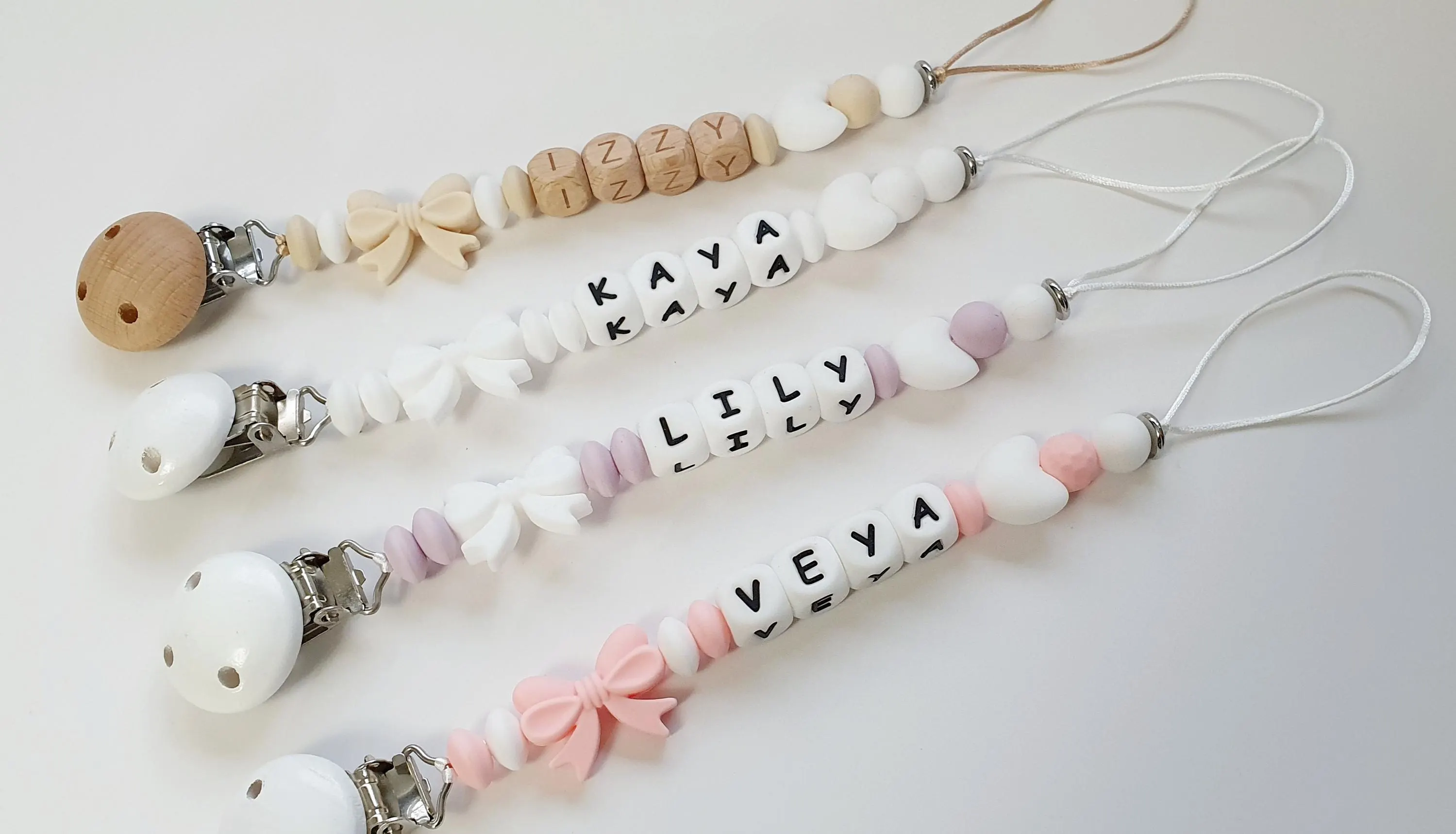 Reborn Silicone Dummy Clip Personalised Gift Bow & Heart Pink Beige White Lilac Keepsake - image 2