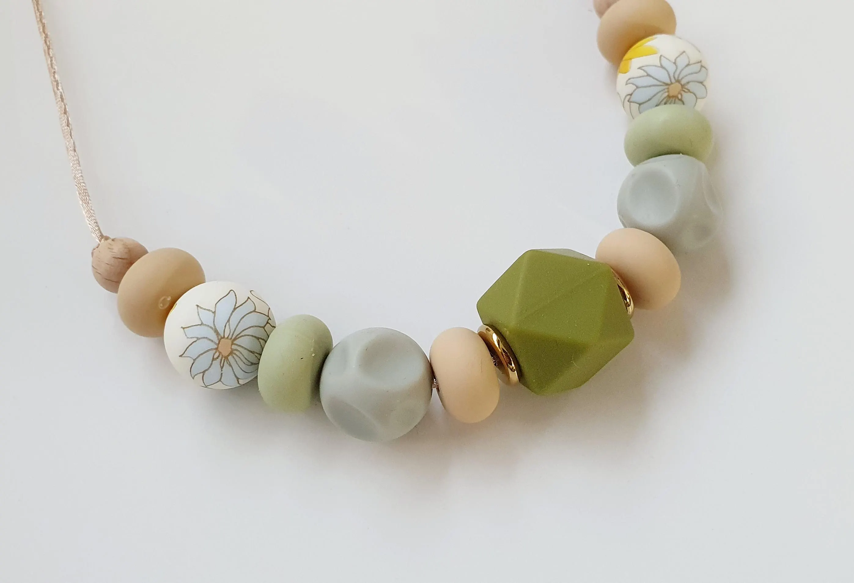 Breastfeeding Necklace, Nursing Fidget Sensory  Chunky Necklace, Gift, Steel Silicone, Spring Pastel Shades, Green Olive Beige, Floral Bead - image 3