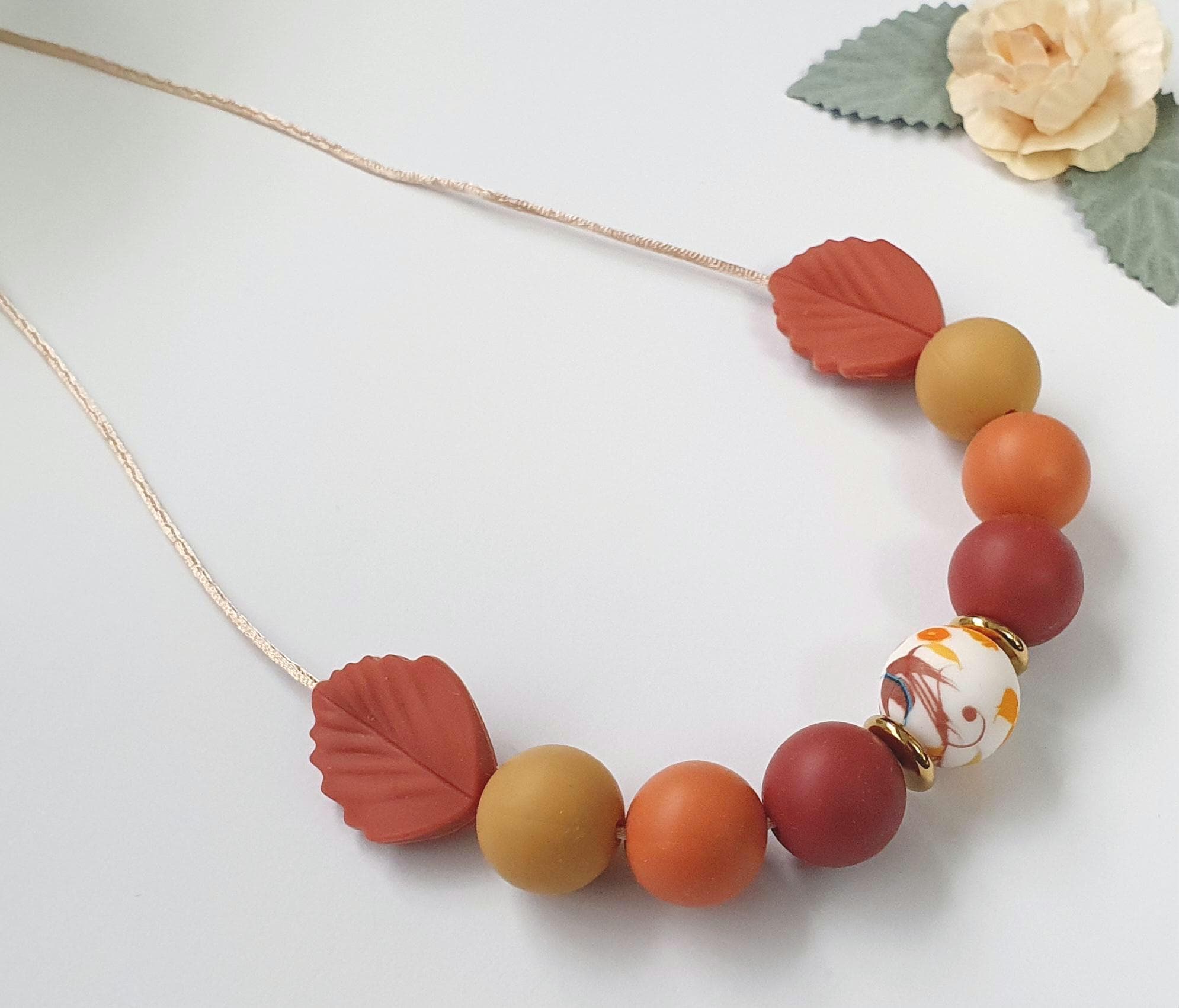 Breastfeeding Necklace, Nursing Fidget Sensory Play, Gift, Autumn Brown Orange Tones, leaf print