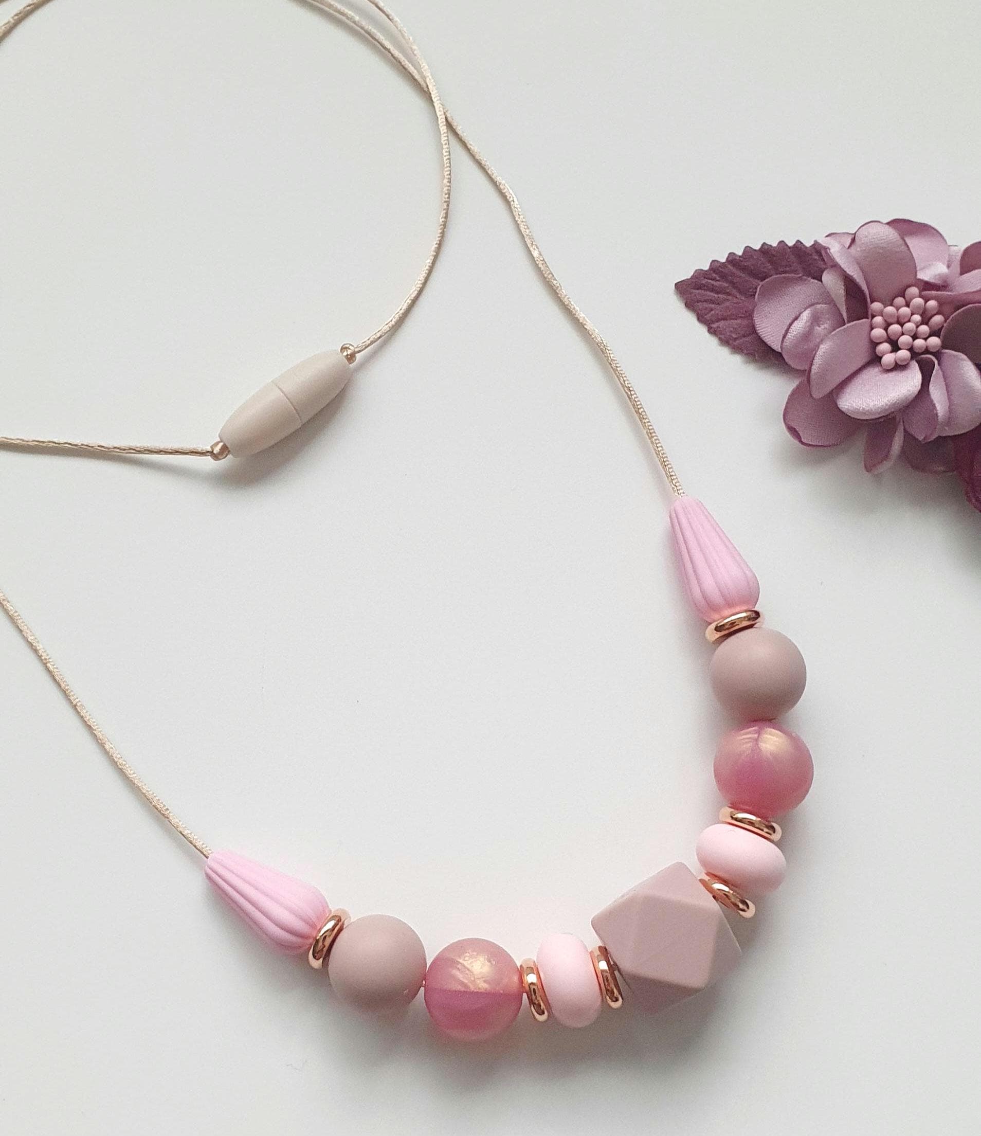 Breastfeeding Necklace, Nursing Fidget Sensory Play, Gift, Pink Rose Gold Mauve