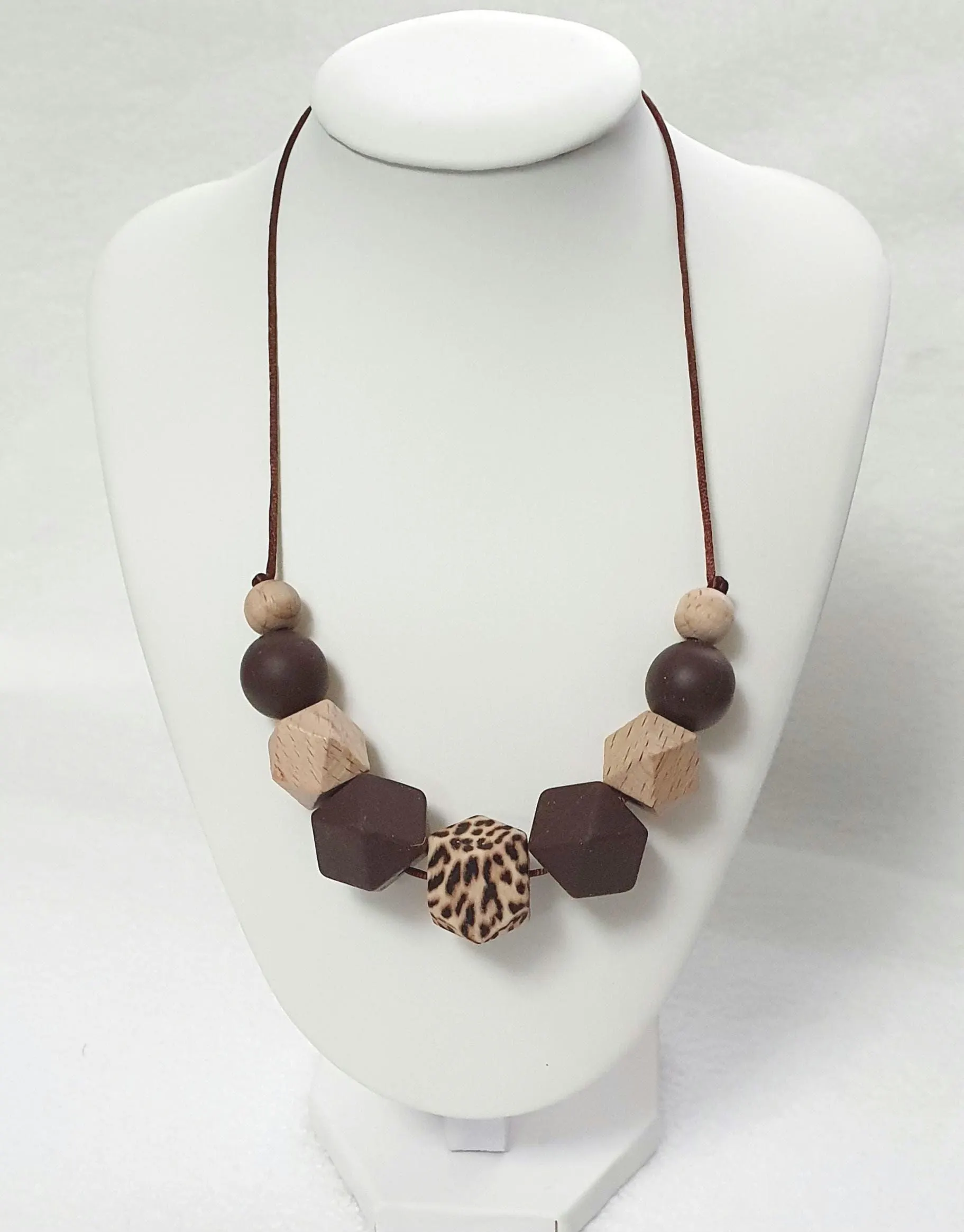 Breastfeeding Necklace, Nursing Fidget Sensory Chunky Necklace, Gift, Wood Silicone, Brown Beige Leopard Animal Print - image 3
