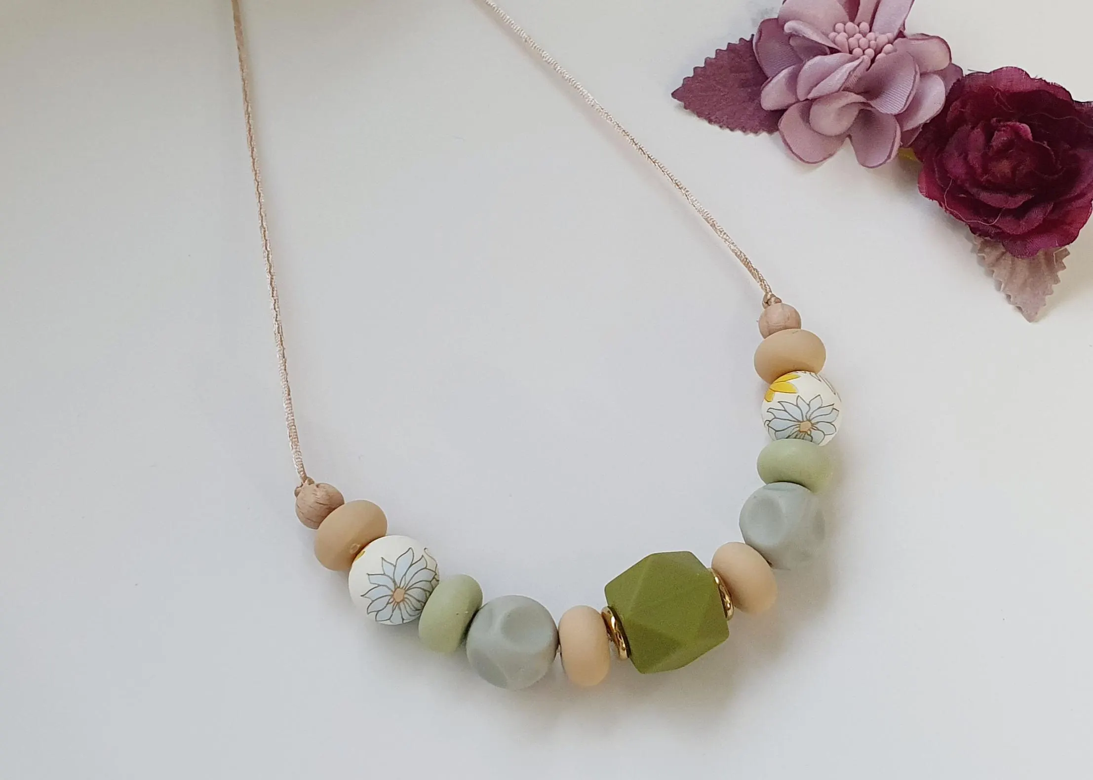 Breastfeeding Necklace, Nursing Fidget Sensory  Chunky Necklace, Gift, Steel Silicone, Spring Pastel Shades, Green Olive Beige, Floral Bead
