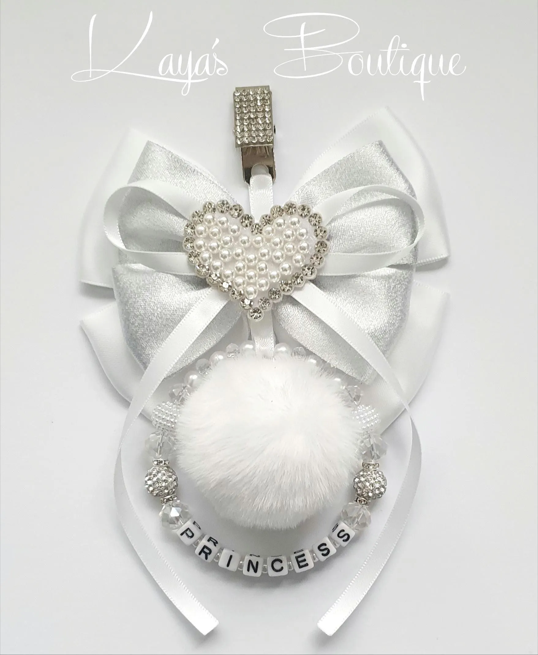 Diamanté & Pearl Heart Big Bow Romany Hanging Pram/Bag Charm New Baby White Silver Girls Pom Pom Faux Fur Ball Circle Personalised