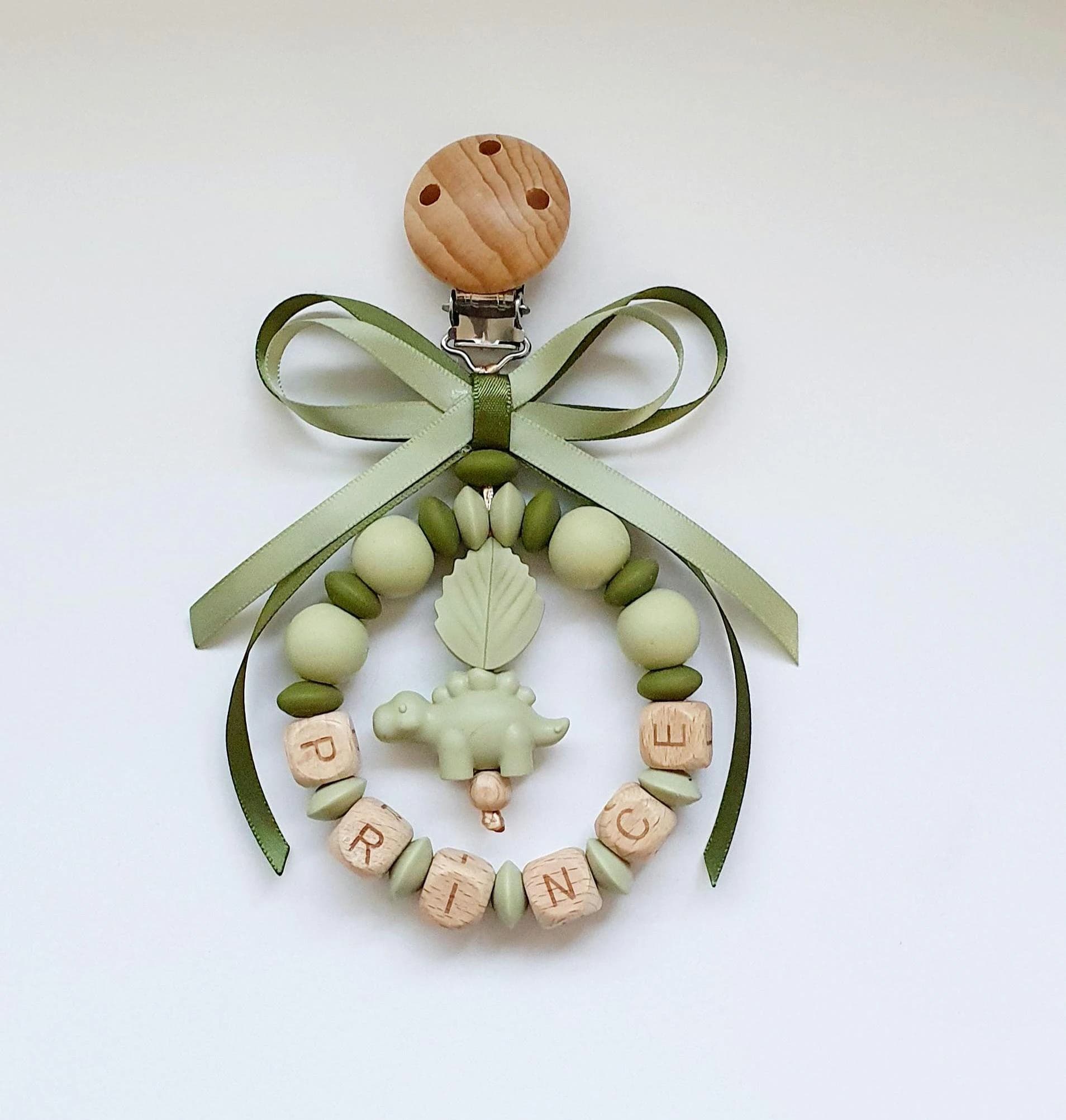 Silicone & Wood Teardrop Pram Charm, Personalised Name, Olive Army Sage Green, Prince, Dinosaur Charm, Satin Bow