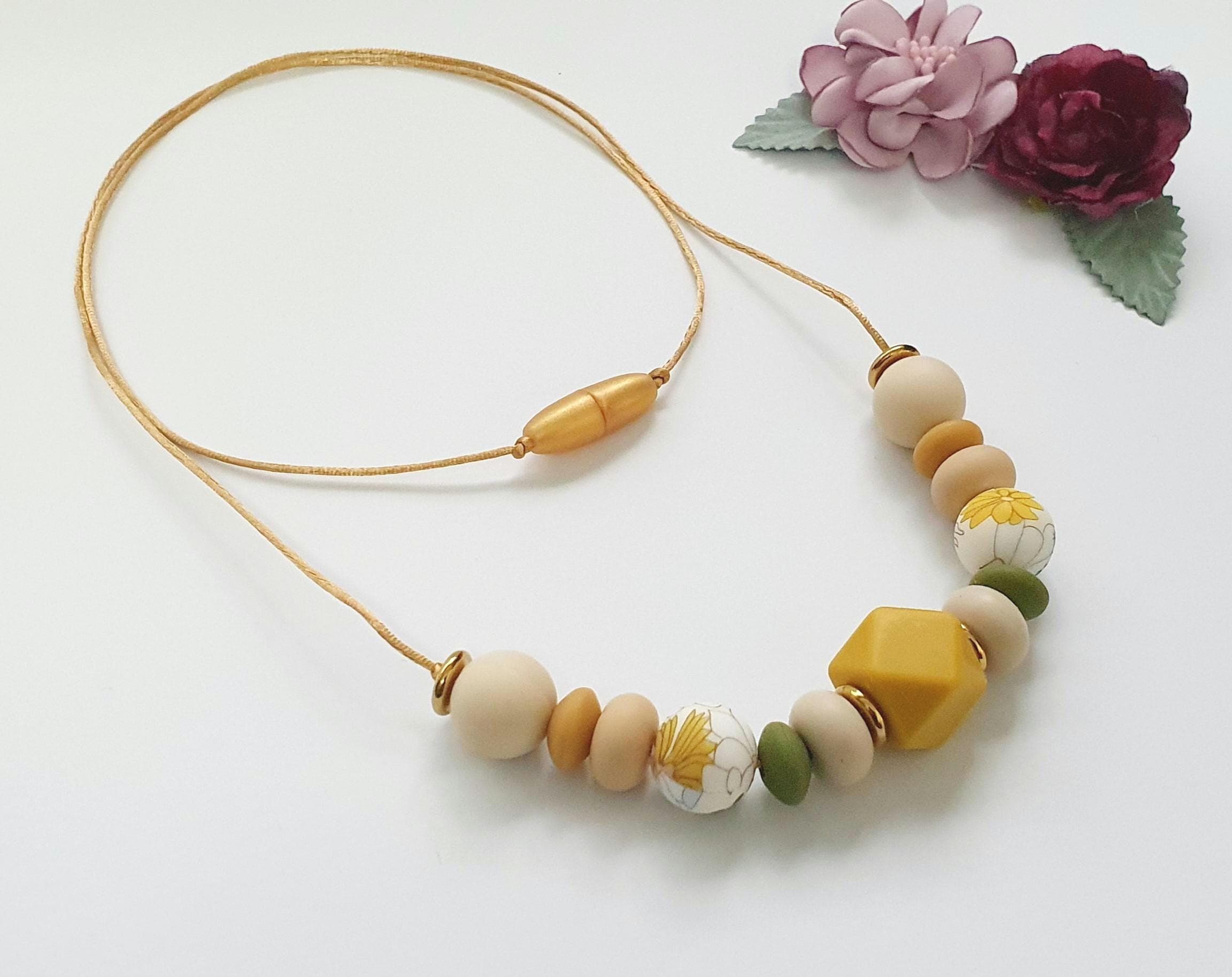 Breastfeeding Necklace, Nursing Fidget Sensory  Chunky Necklace, Gift, Steel Silicone, Autumn Shades, Army Green Mustard Beige, Floral Bead