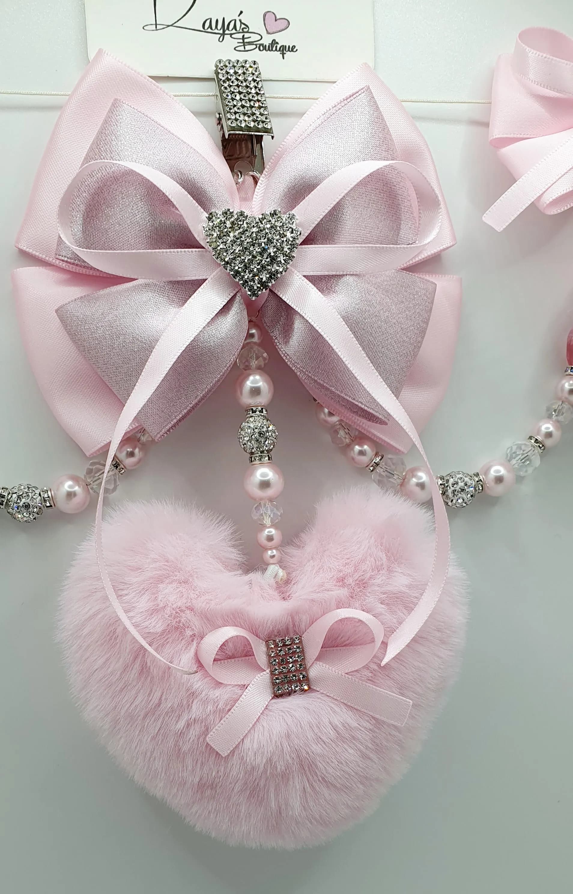 Pink Pram Charm: Crystal Pearl, Faux Fur Pom Pom, Diamante Heart XL Triple Clip - image 4