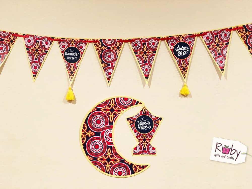 Ramadan Banner with yellow tassels, 12 pennant, Crescent and lantern, Egyptian tent pattern.