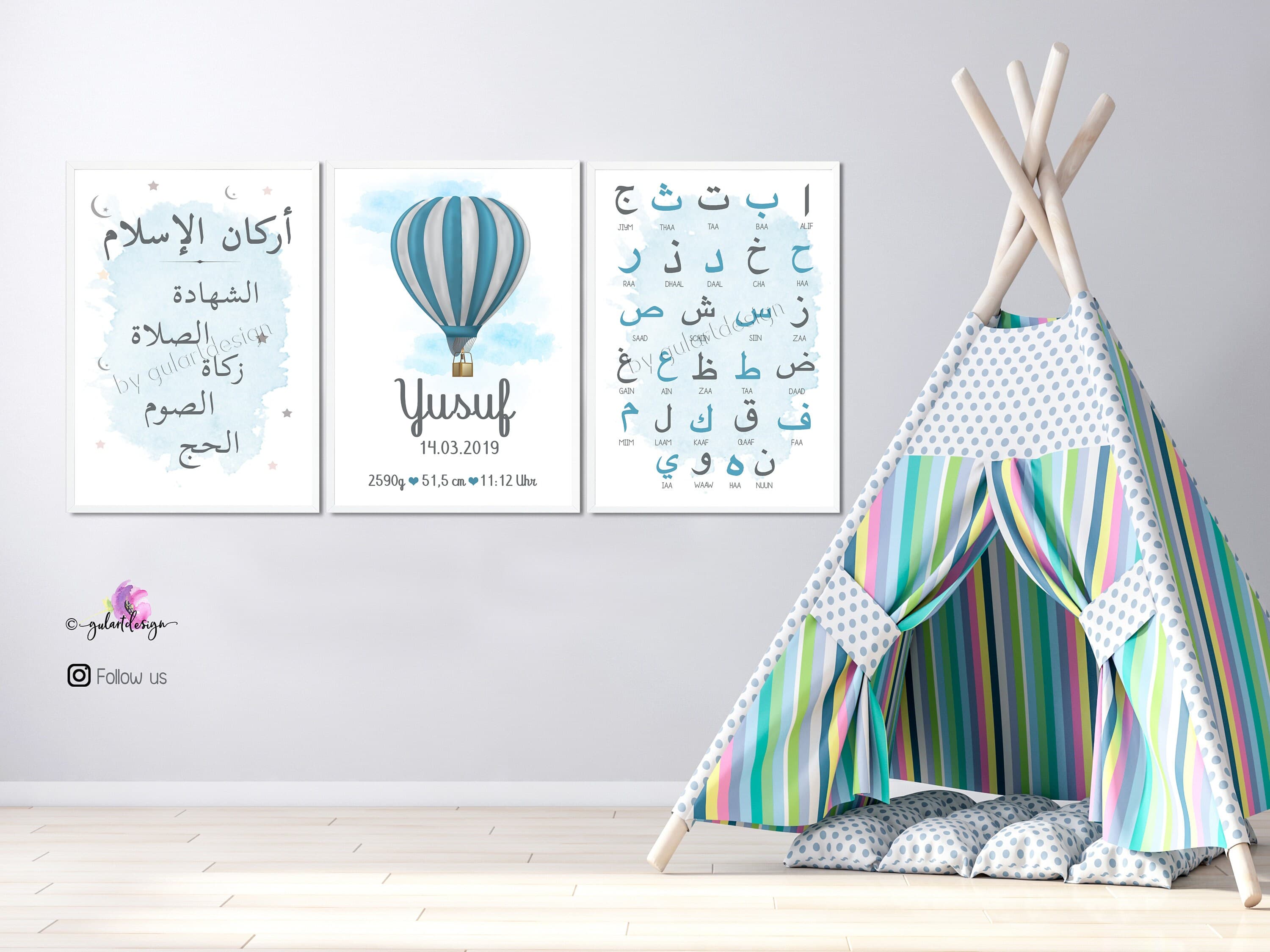 Islamische Wandbilder für Kinder, Islamisches Kinderzimmer Poster, Poster 5 Säulen des Islam, Personalisiertes Islamische Poster Set
