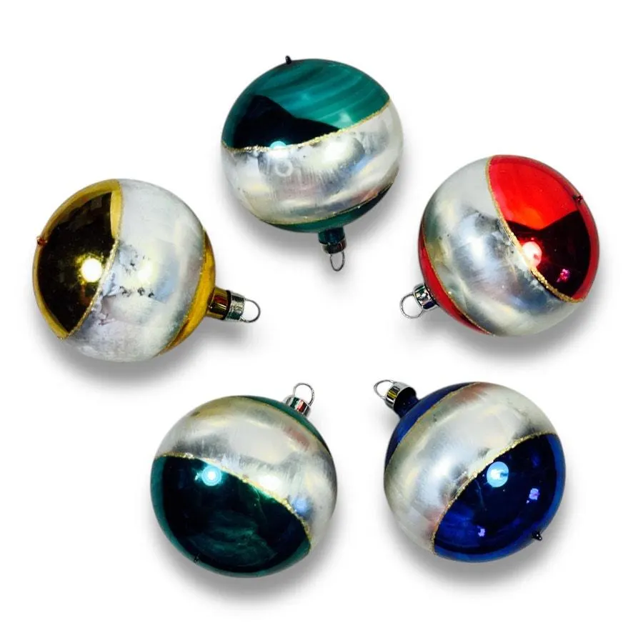 6 Round Christmas Ornaments Color Block 2 tone Metalic Blown Glass Decorations