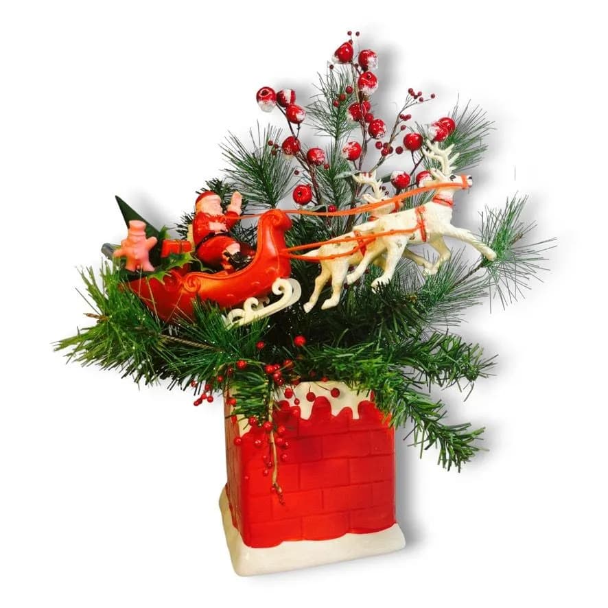 Vntage Ceramic Chimney Vase Christmas Arrangement Plastic Santa Sleigh Reindeer