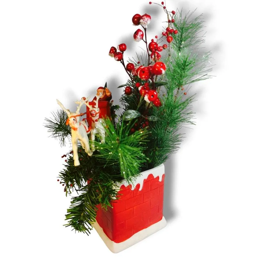 Vntage Ceramic Chimney Vase Christmas Arrangement Plastic Santa Sleigh Reindeer - image 5