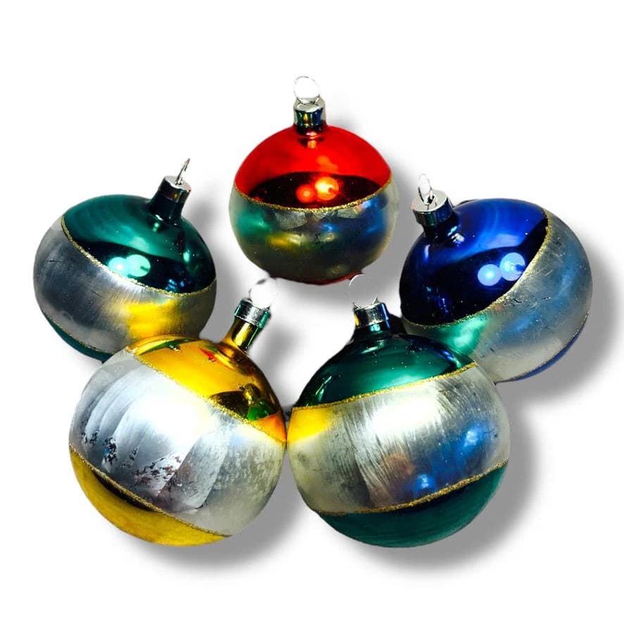 6 Round Christmas Ornaments Color Block 2 tone Metalic Blown Glass Decorations - image 4