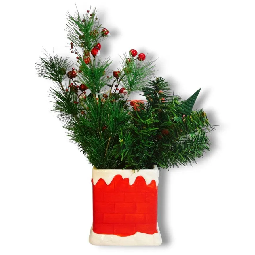 Vntage Ceramic Chimney Vase Christmas Arrangement Plastic Santa Sleigh Reindeer - image 4