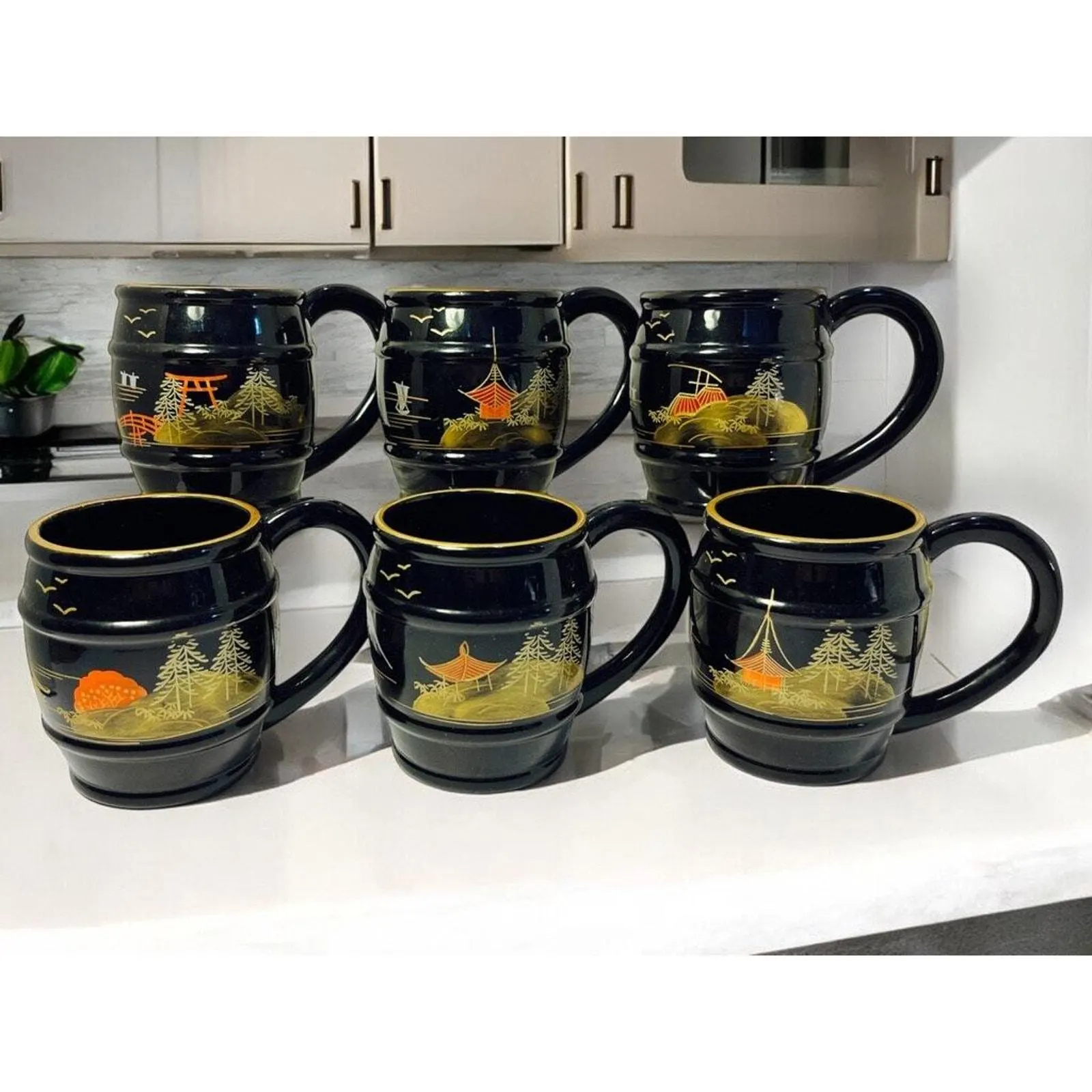 Black Lacquered Mugs Japanese Vintage Coffee cup Oriental Style Plastic