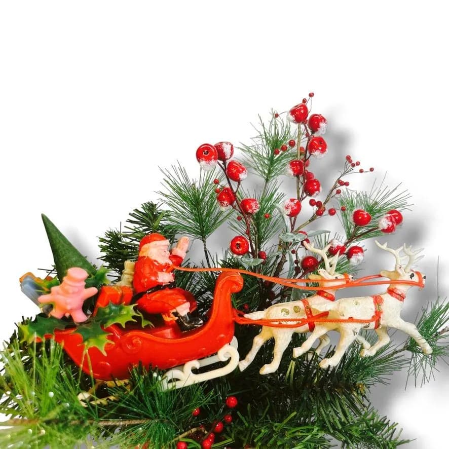 Vntage Ceramic Chimney Vase Christmas Arrangement Plastic Santa Sleigh Reindeer - image 3