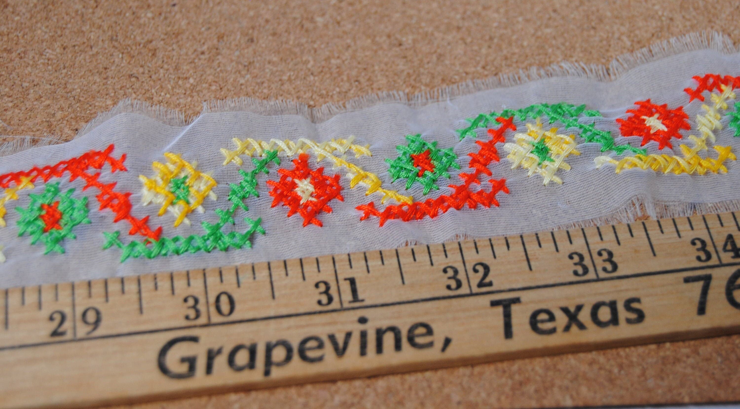 Vintage embroidered gauze trim with geometric pattern in orange, yellow and green - 2 inch wide trim or embellishment - New old stock - image 3
