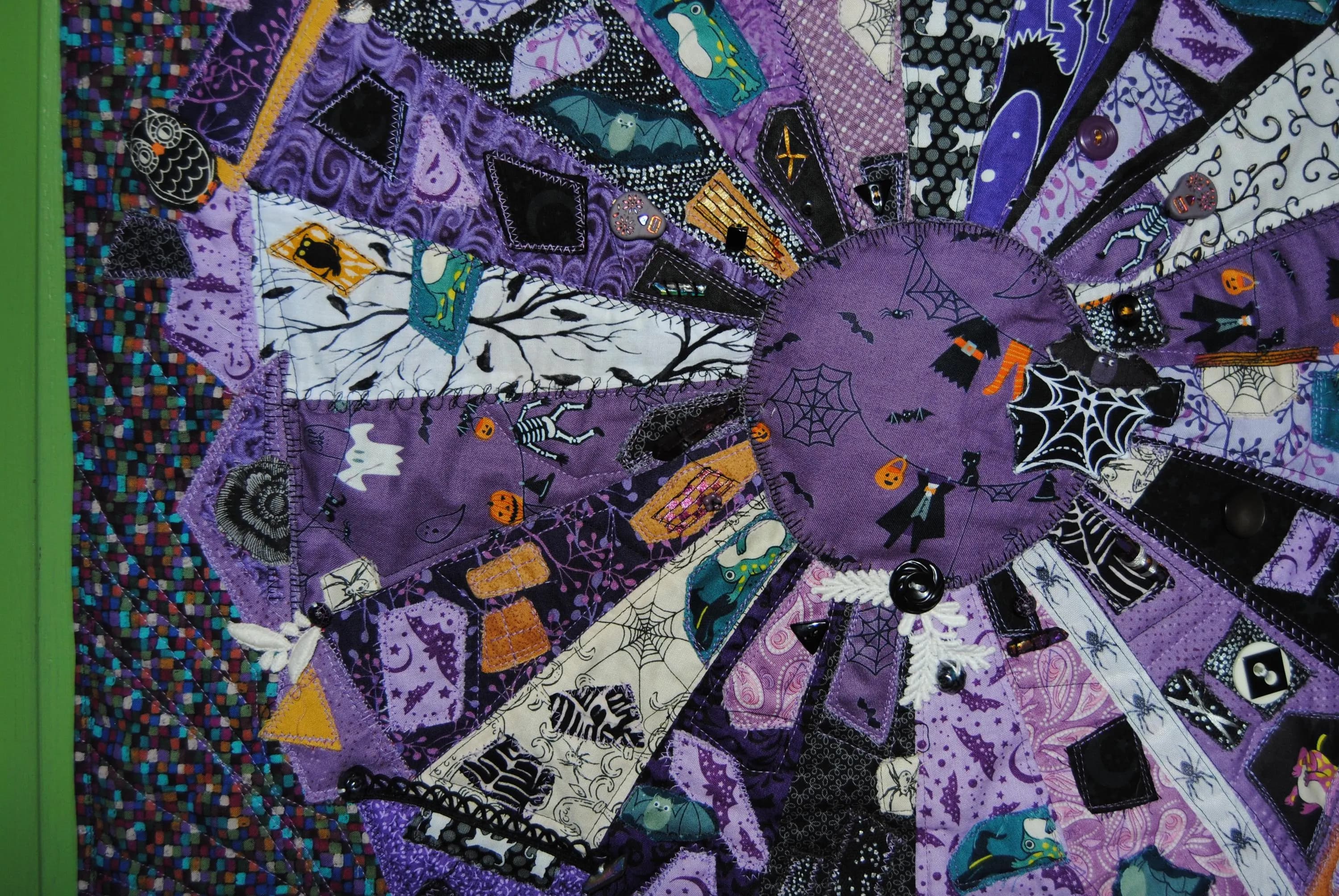 Handmade Halloween wall hanging in shades of purple - One of a kind wonky neighborhood haunted houses - Quilted art wall hanging - image 3