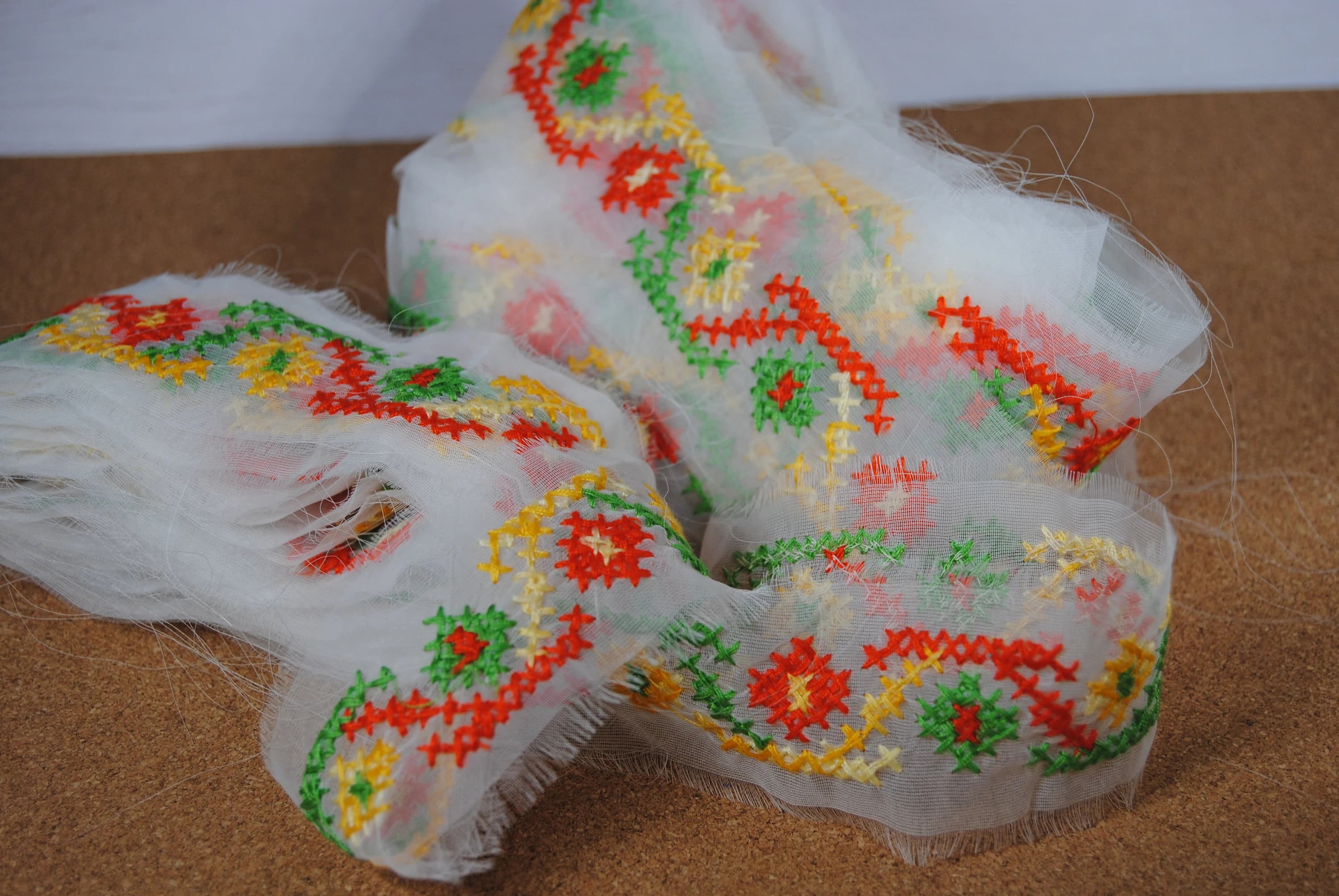 Vintage embroidered gauze trim with geometric pattern in orange, yellow and green - 2 inch wide trim or embellishment - New old stock - image 5
