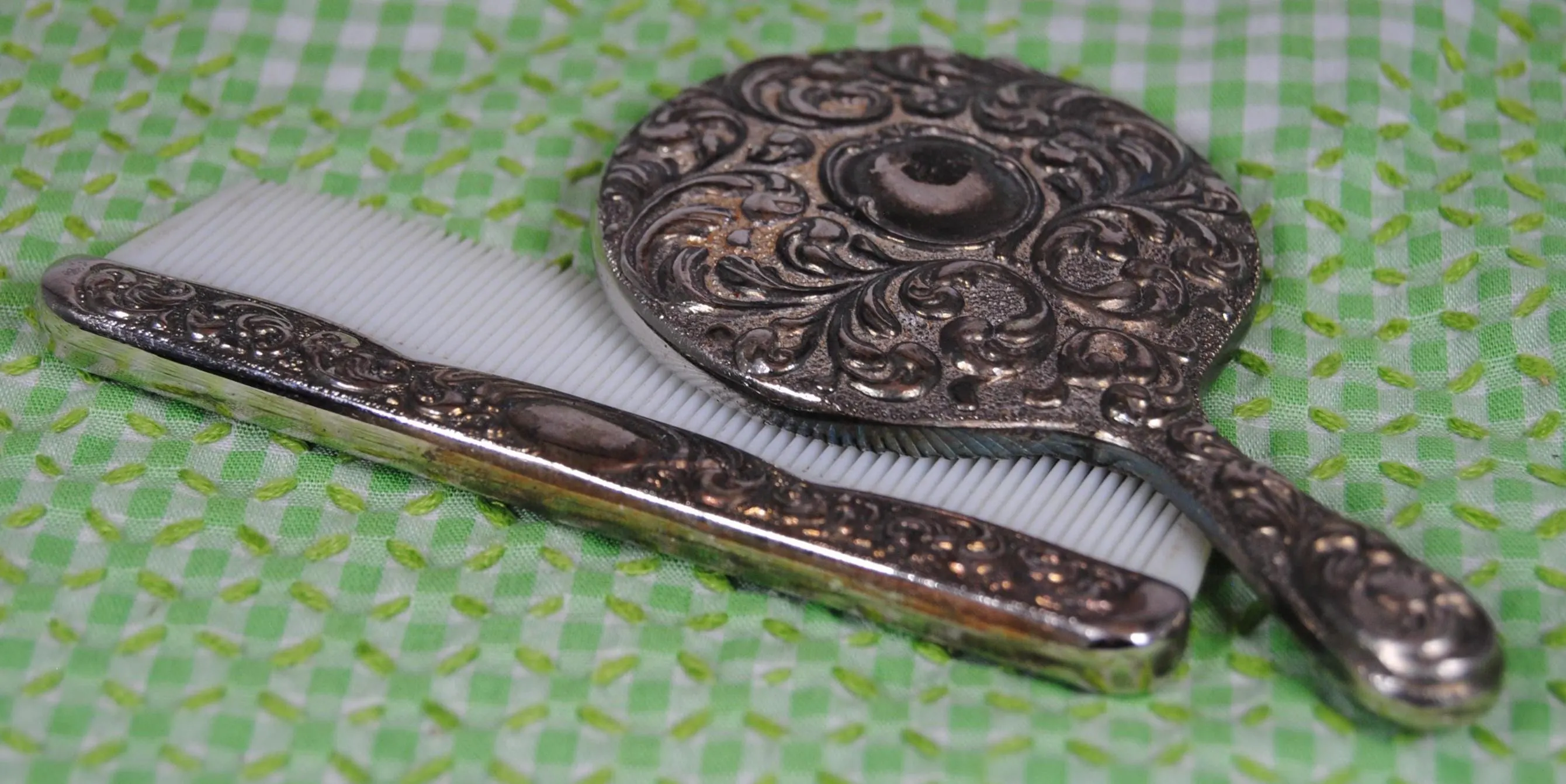 Vintage silver toned mirror and comb set - Child's size hand mirror and comb
