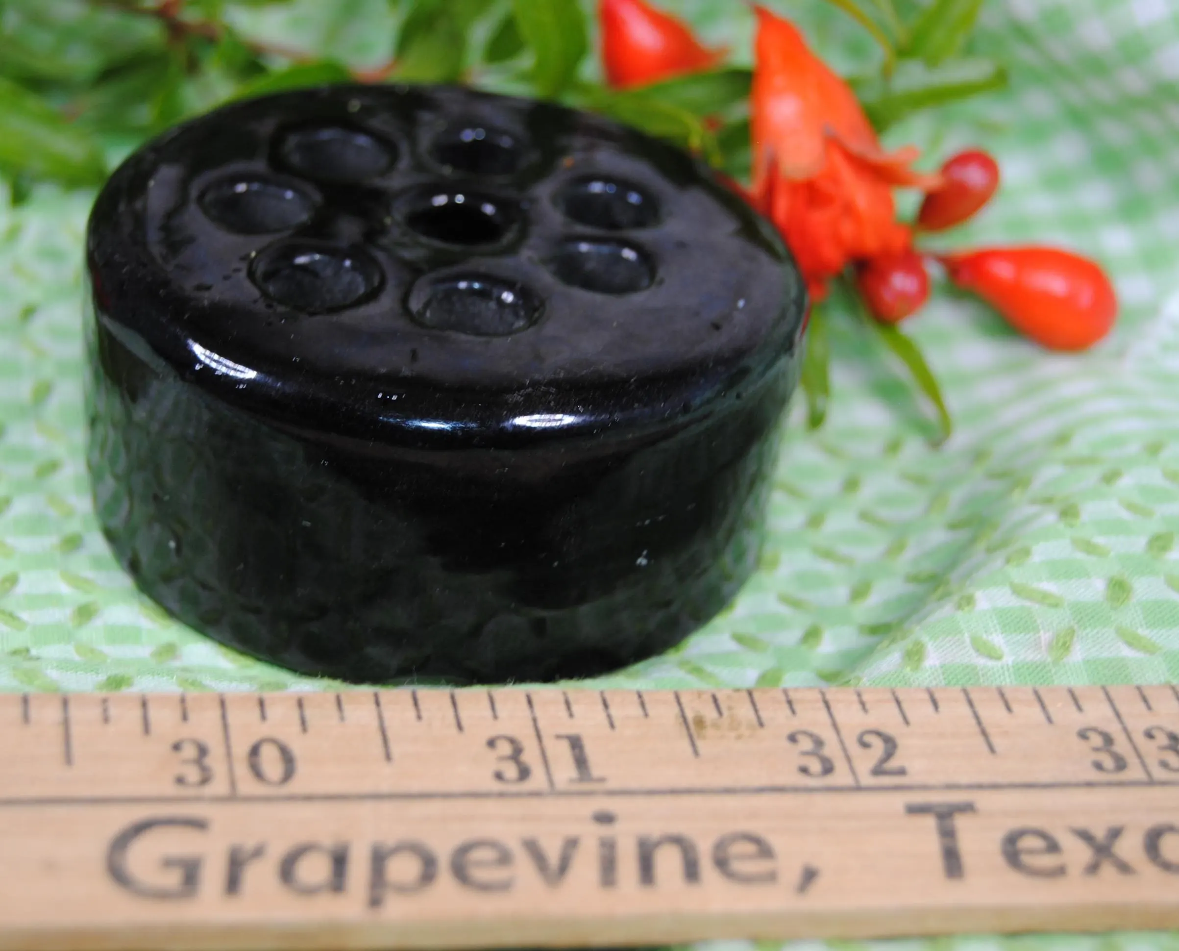 Vintage floral frog with 8 holes - Black glass flower holder - image 3