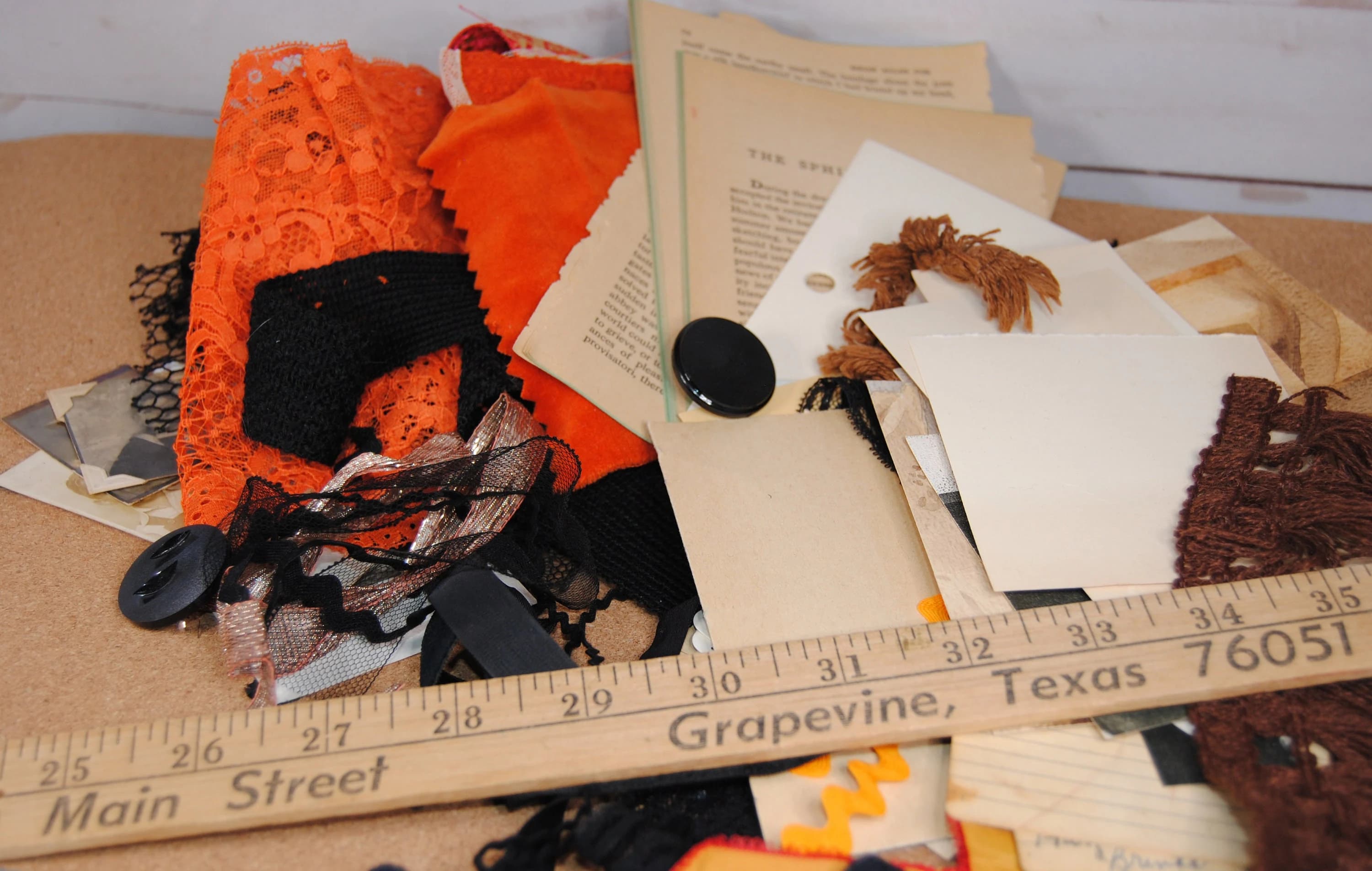 Vintage laces, trims, fabric, ephemera for Halloween - Black, brown and orange - Perfect for junk journals, mixed media, slow stitch - image 2