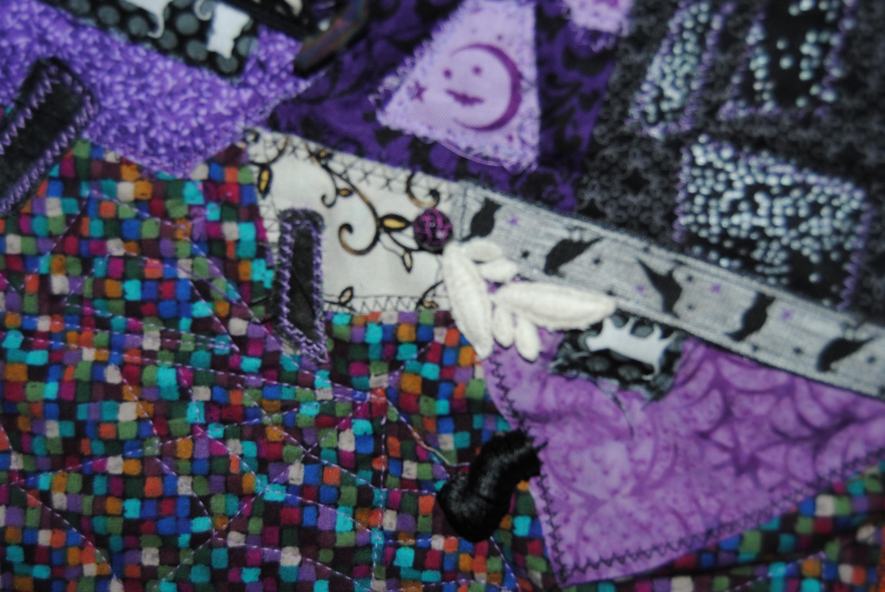 Handmade Halloween wall hanging in shades of purple - One of a kind wonky neighborhood haunted houses - Quilted art wall hanging - image 4
